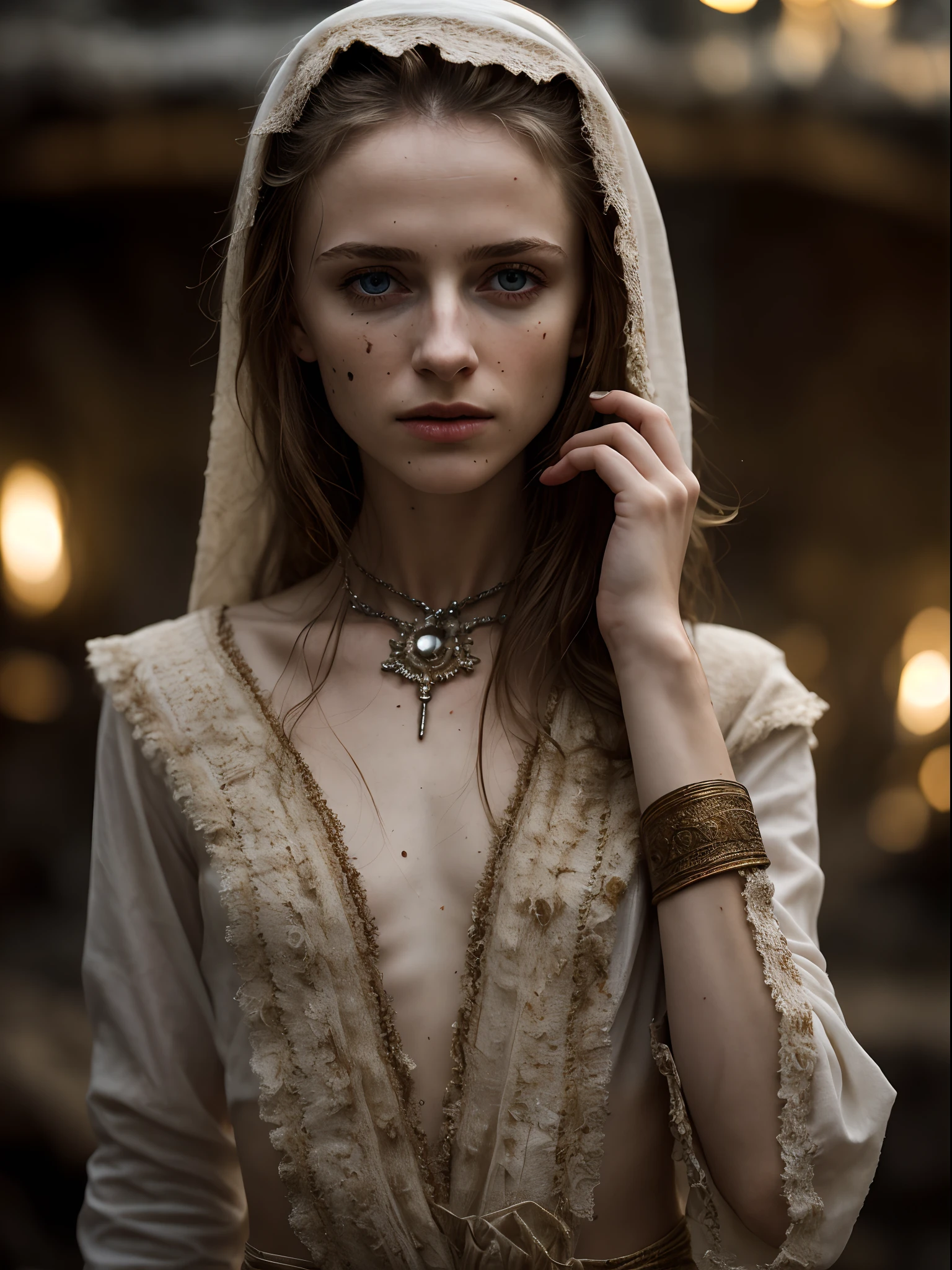 ​masterpiece, ultra detailed, 8K, Raw photo, Realistic light, Cinematic composition, Realistic face, Realistic skin, (woman from Ukraine), (torn and dirty traditional clothes), cute sexy, pleasure, perfect anatomy, war, cinematic, medieval village, nightfall