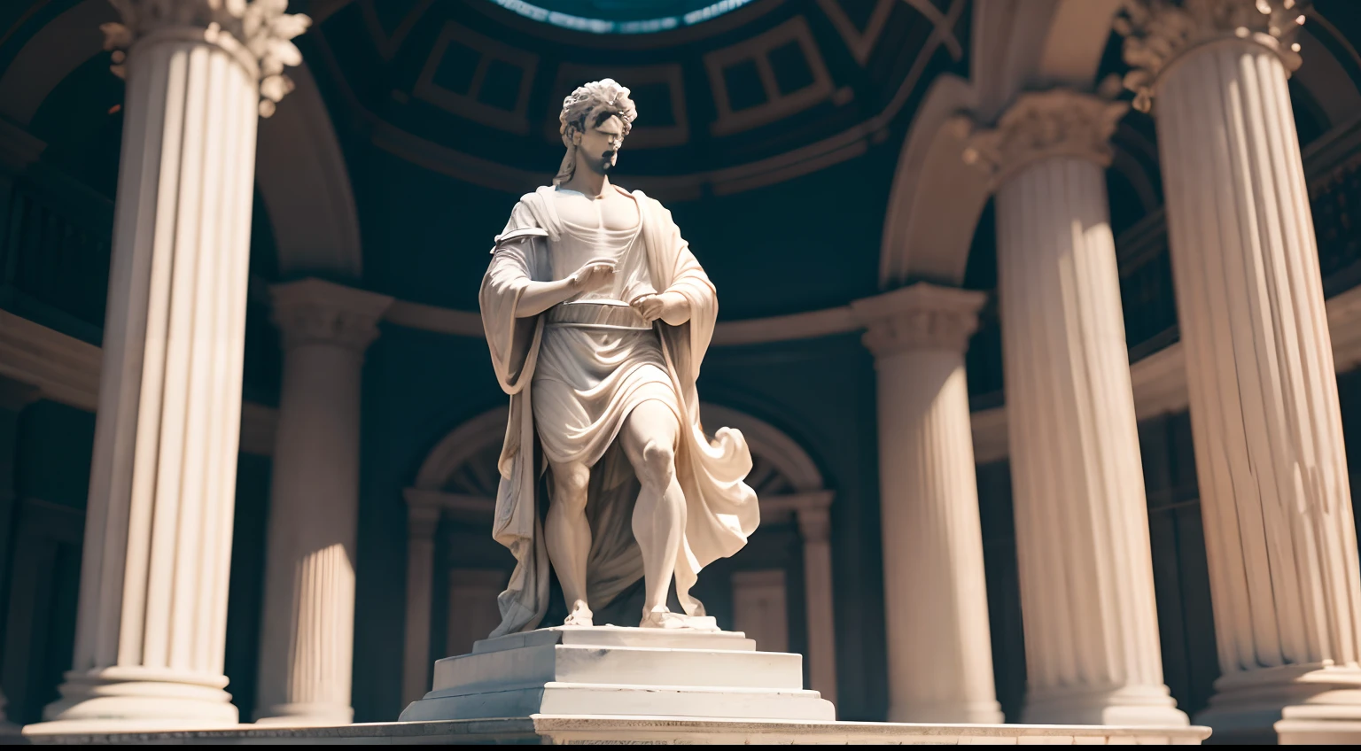 a realistic full body greek white marble statue of julius caesar wearing a ghostly toga, neutral background, moody, , photorealistic, cinematic scene, super detailed, hyper realistic, bright lights, 8 k --auto --s2