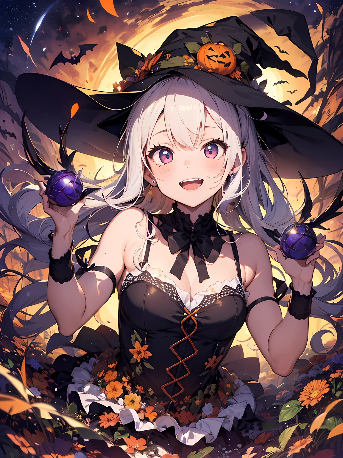 a woman in a witch costume holding a broom and a hat, splash art anime girl, flirty anime witch casting magic, trick or treat, witch girl, very curvy , anime visual of a cute girl, massive breasts, red eyes, lavender hair 