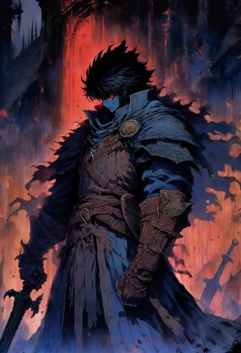 hombre de pelo corto rojo, con un ojo azul y el otro ojo cerrado con una cicatriz, Tiene la barba descolorida, Lleva una larga chaqueta roja, como un cazador de Bloodborne, En su espalda lleva una gran espada, has a prosthetic left arm like Guts, Se enfrenta a las criaturas de la noche como un cazador de vampiros., 80s anime still, Moda retro, Dungeon and Dragons Character Dark Fantasy Digital Art Muted Pastel Colors, Colores retro apagados, Pantalla de TV CRT por Tsukasa Hojo y Toshihiro Kawamoto -