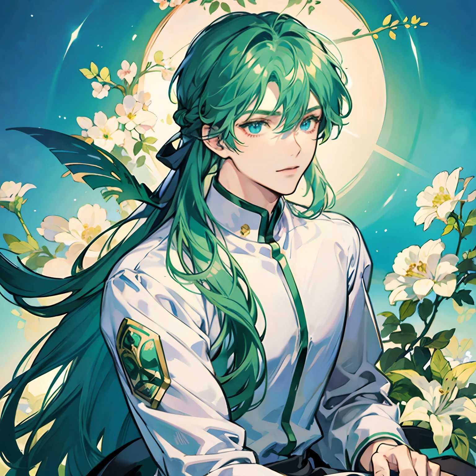 Green Hair, blue Eyes, long hair, anime, man, muscular, beautiful detailed eyes,