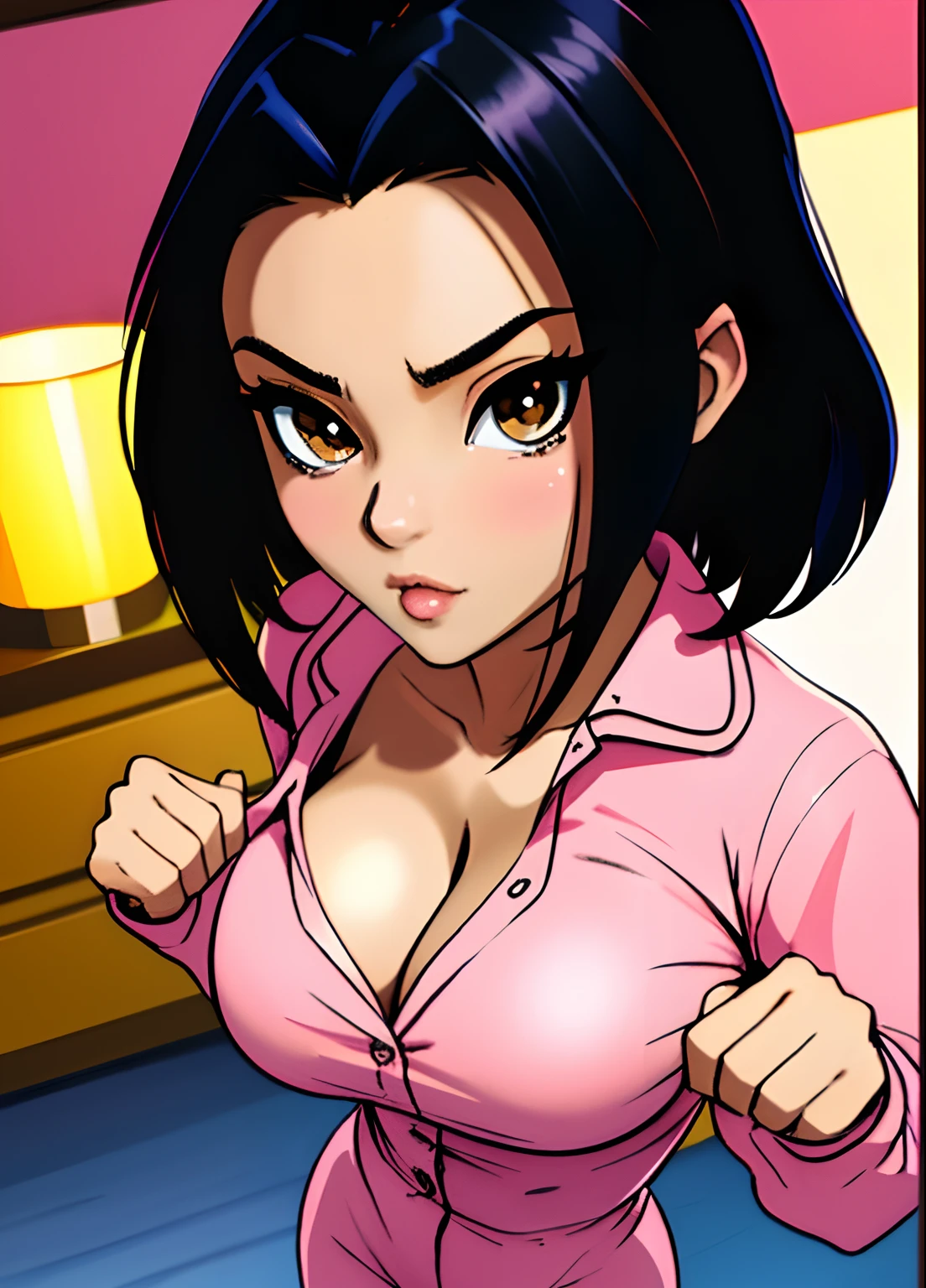 masterpiece, best quality, highest quality, anime, perfect anatomy, perfect face, perfect eyes, 1 busty girl, gigantic breasts, bending towards viewer seductively, solo, short black hair, dress, brown eyes, unbuttoned skintight pink pajamas, seductive cleavage, looking in mirror, selfie, downblouse, in focus, high clarity, high fidelity, hands out-of-view, feminine, similar directional fingers, exact, accuracy, high precision, high definition,