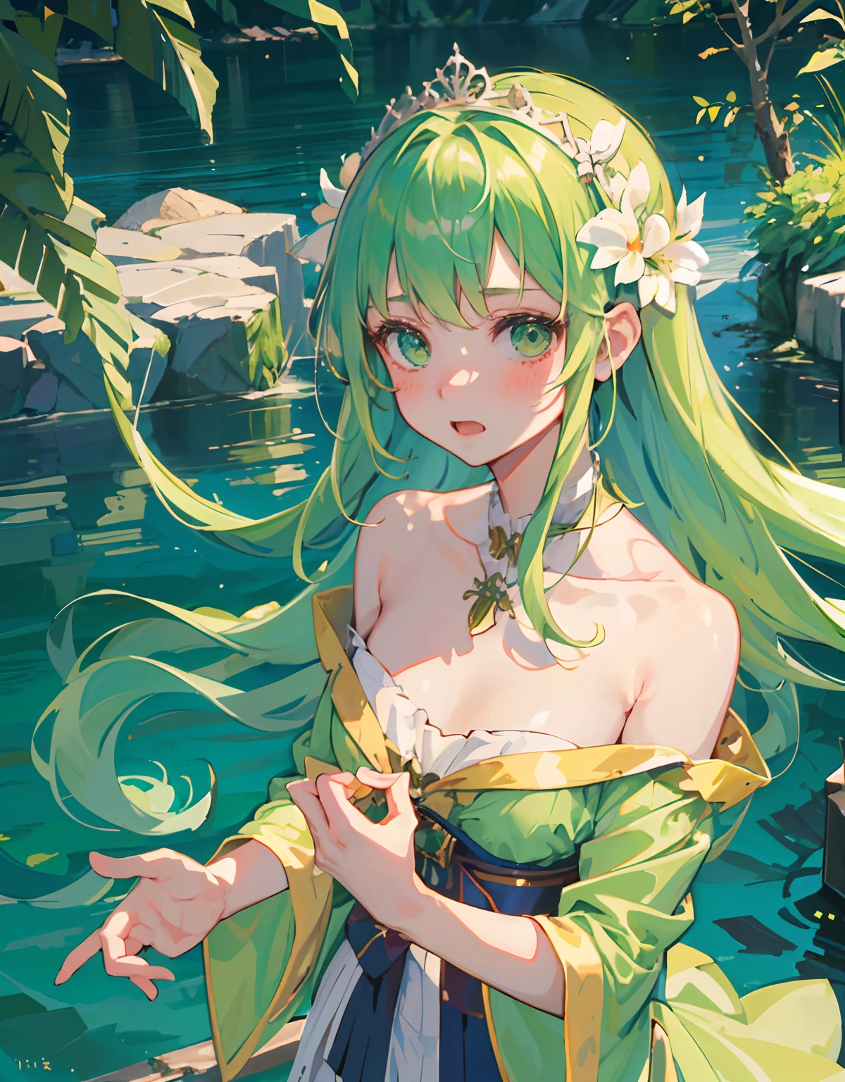 masterpiece, best quality, movie still, floating in the sky, close-up, bright, happy, warm soft lighting, sunset, (sparks:0.7)
, Very long hair,hair style is twin tails, light blue hair, breasts, nipples, looking at viewer, blush, smile, open mouth, bangs, blue eyes, multiple four elven girls, large breasts, nipples, light yellow hair, hair ornament, navel, medium breasts, sitting,bare lower half body,light green hair, collarbone, flower, :d, sidelocks, outdoors, pointy ears, hand up, hair flower, tree, wet, day, upper teeth only, cherry blossoms, elf, partially submerged, rock, tree ,grassland , no fence, onsen, bathing, take your pick