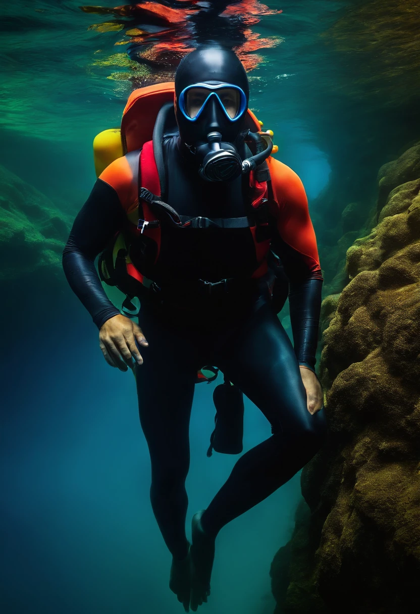 full body. Male freediver. Hooded wearing diving mask. heading down