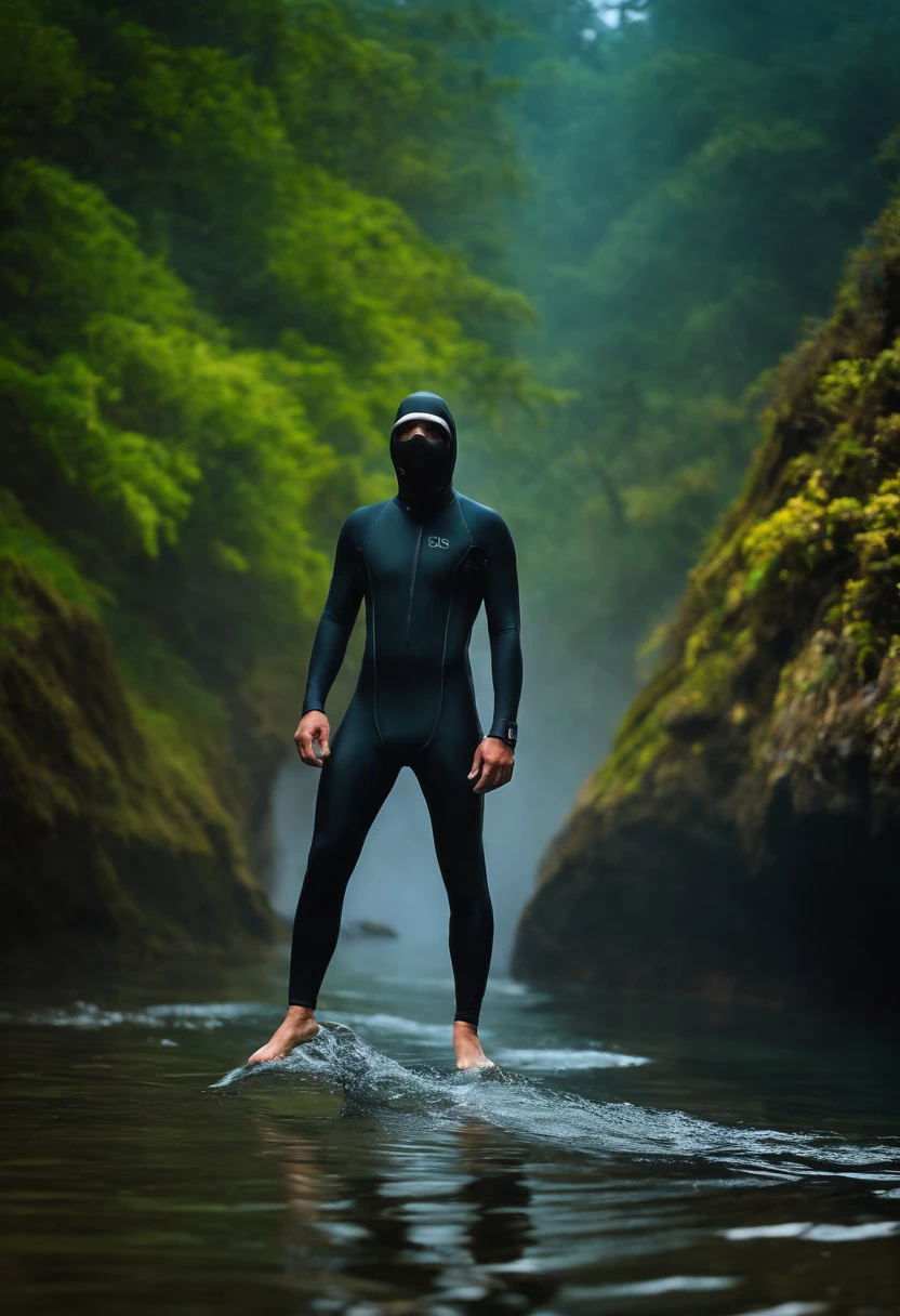 full body.  Male freediver.  Hooded wearing diving mask. heading down