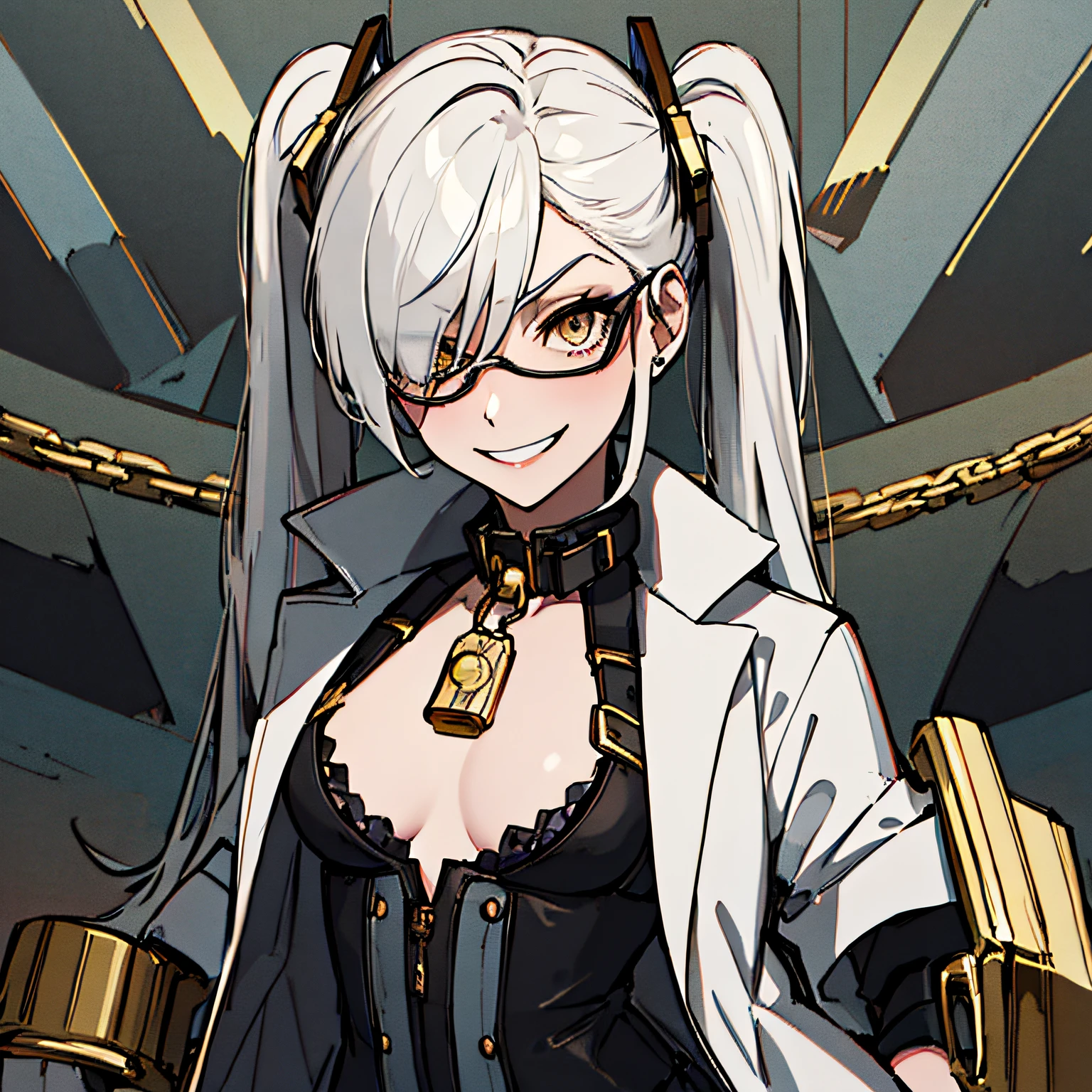 (absurdres, 8k, 4k, masterpiece, hyper extreme detailed:1.2), solo, 1girl, front view, perfect face, 1girl, portrait, expressive eyes, solo, standing, Female, girl with goggles and a chain around her neck, cyber goggles, victorian goggles, round goggles, goggles, cyberpunk monocle!, goggle eyes, steampunk googles, steampunk goggles, wearing victorian brass goggles, weak, female, small breasts, pale, cream colored hair, long hair, gold eyes, swept bangs, slim, slender, intelligent, genius, mad scientist, twin tails, Inventor, confident, perfect anatomy, futuristic, fingerless gloves, chest harness, pervert, half body, lab coat, belts, crazy face, crazy eyes, crazy smile, 1girl, futuristic, labcoat, white hair, mature, adult, attractive, skirt, hologram, monocle, wide smile, jovial, poofy twin tails, big hair, tesla coil, evil. criminal