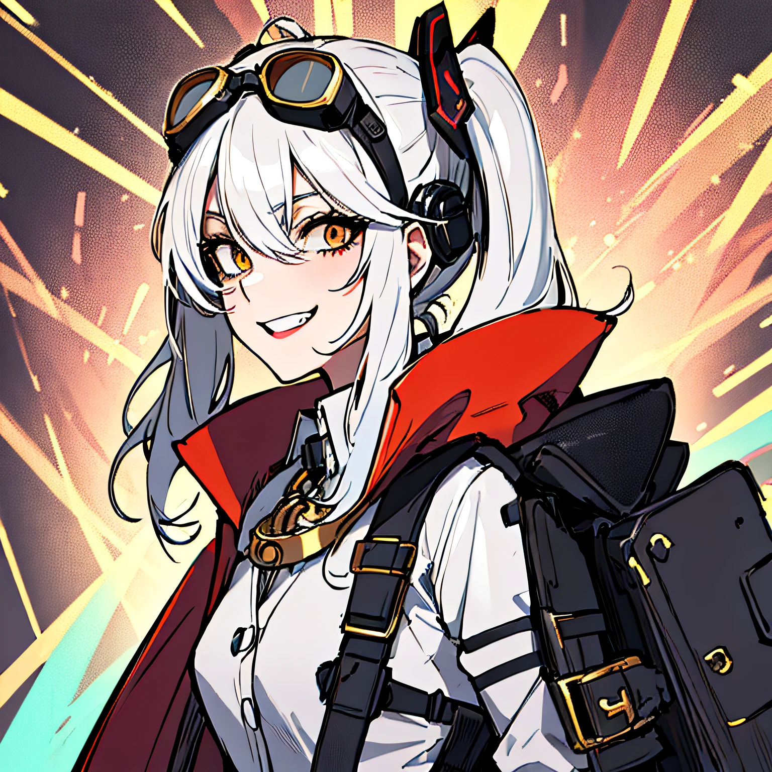 (absurdres, 8k, 4k, masterpiece, hyper extreme detailed:1.2), solo, 1girl, front view, perfect face, 1girl, portrait, expressive eyes, solo, standing, Female, girl with goggles and a chain around her neck, cyber goggles, victorian goggles, round goggles, goggles, cyberpunk monocle!, goggle eyes, steampunk googles, steampunk goggles, wearing victorian brass goggles, weak, female, small breasts, pale, cream colored hair, long hair, gold eyes, swept bangs, slim, slender, intelligent, genius, mad scientist, twin tails, Inventor, confident, perfect anatomy, futuristic, fingerless gloves, chest harness, pervert, half body, lab coat, belts, crazy face, crazy eyes, crazy smile, 1girl, futuristic, labcoat, white hair, mature, adult, attractive, skirt, hologram, monocle, wide smile, jovial, poofy twin tails, big hair, tesla coil, evil. criminal