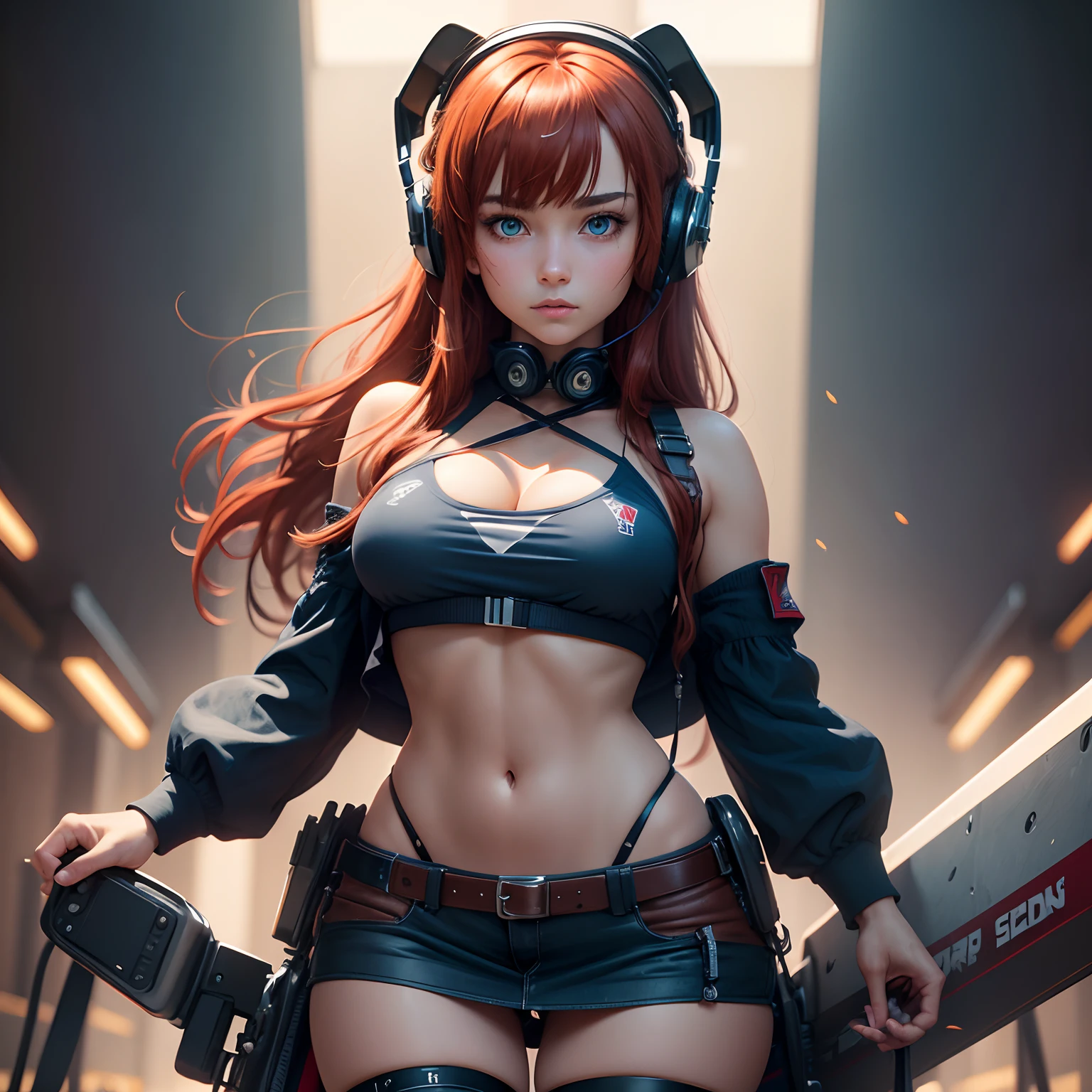 8k, masterpiece, best quality, realistic, higly detailed, cowboy shot, 1girl, solo, miku, emotionless looking girl, medium-length red hair, strands of hair hanging over the right side of her face, a set of wireless headphones that have a triangle-shaped logo on the ear cups around her neck, dark blue eyes, average height, well-endowed figure, large breasts, bangs cover her right eye, Skatist