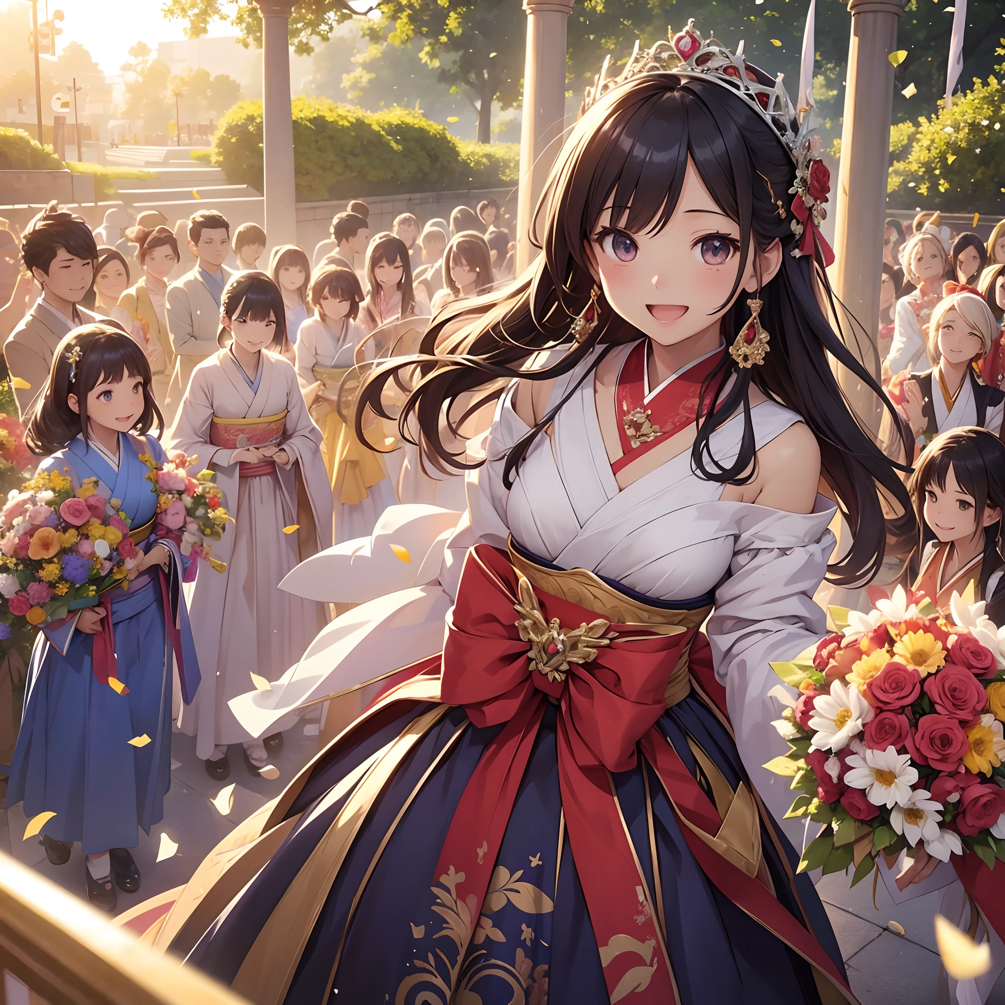 masterpiece、kawaii faces、Solo style、girl with、Si Princess Cut、2D、up of face、Japanese style hairstyle、Front view、Bouquet of roses、Women's Dresses、Dignified attire、Big sun shining around、Confetti、Bouquet of blessings、Lots of bouquet arches、tiny chest、Less revealing dresses、fashion modell、Idol、Smile with open mouth、A cheerful smile that brightens up the surroundings、spreading arms widely、Sunlight piercing at an angle、There is a pillar of light that rises into the sky、Threads of light rising from the ground、Detailed background depiction、Realistic background depiction、