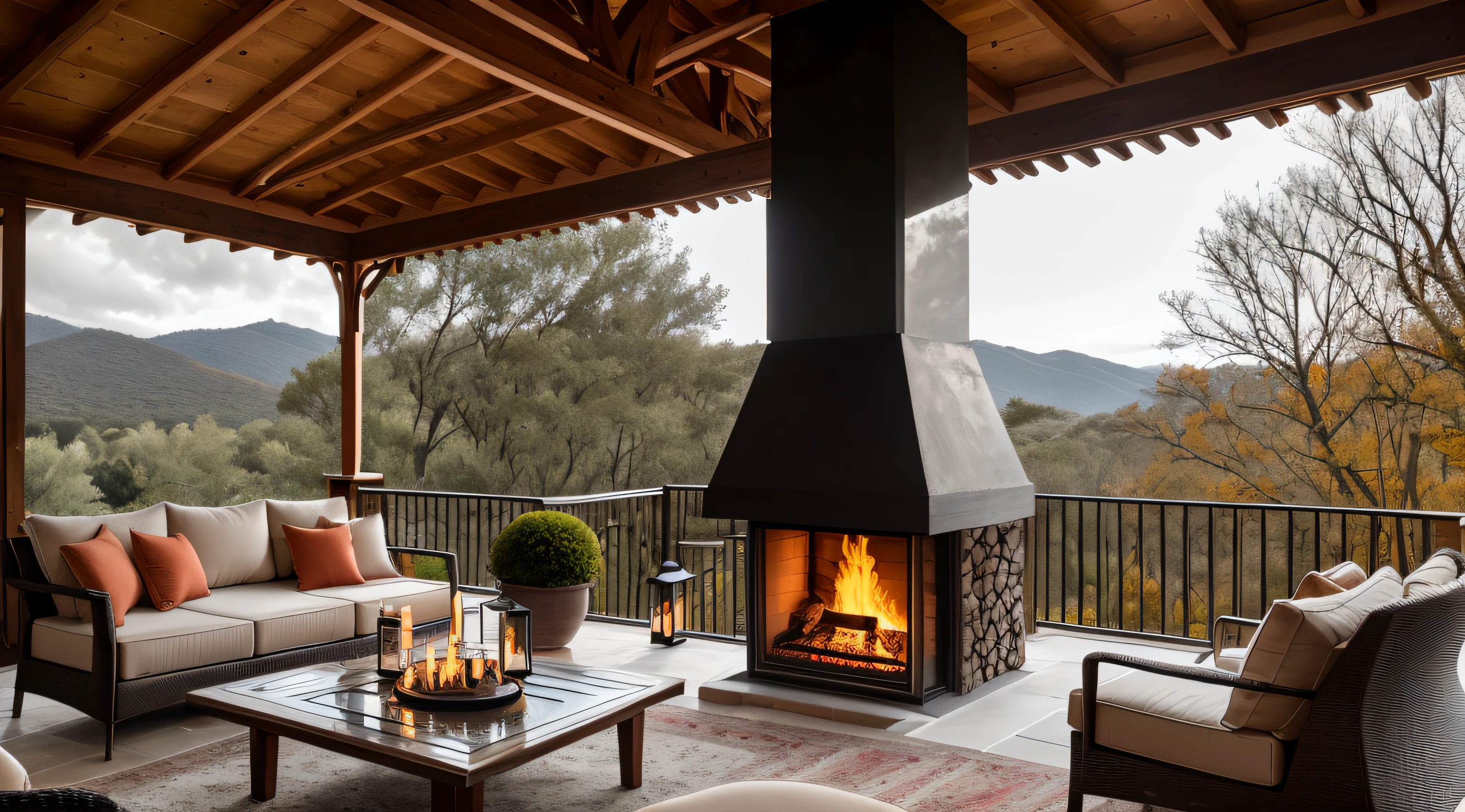 Veranda with a cozy sofa, a tea table and a burning fireplace, The light of the fireplace is reflected from objects, Ultra-precise detailing of all objects