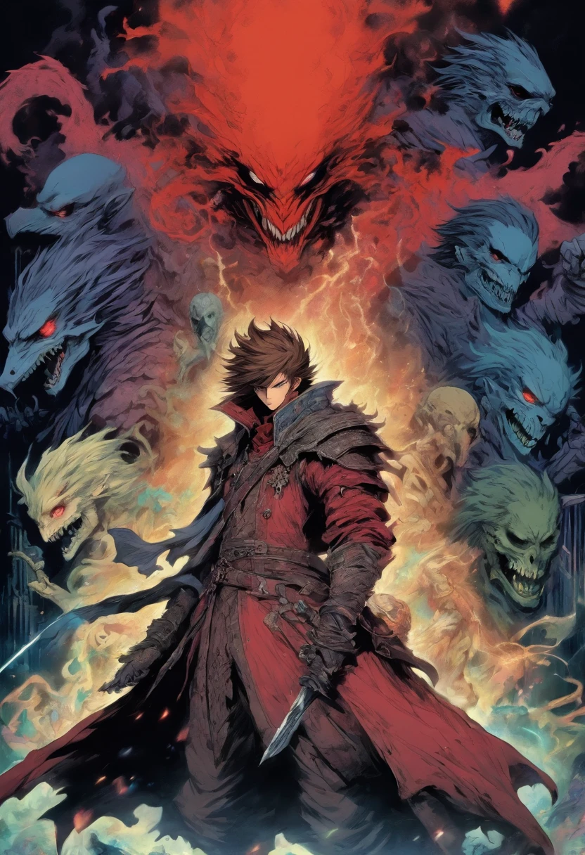 red-short-haired man, with one blue eye and the other eye closed with a scar, he has faded beard, he wears a long red jacket, like a Bloodborne hunter, on his back he carries a greatsword, he has a prosthetic left arm like Guts, He is fighting creatures of the night, 80s anime still, retro fashion, dungeon and dragons character dark fantasy digital art muted pastel colors, muted retro colors, CRT tv display by Tsukasa Hojo and Toshihiro Kawamoto -