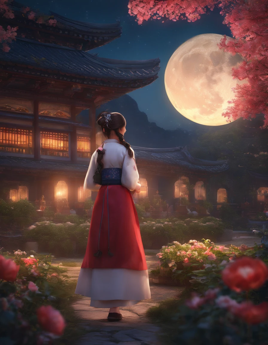 (best quality,high_resolution,distinct_image),detailed background,girl,student,with backpack,hanbok,flower,garden,moon,night,Ester and Tania