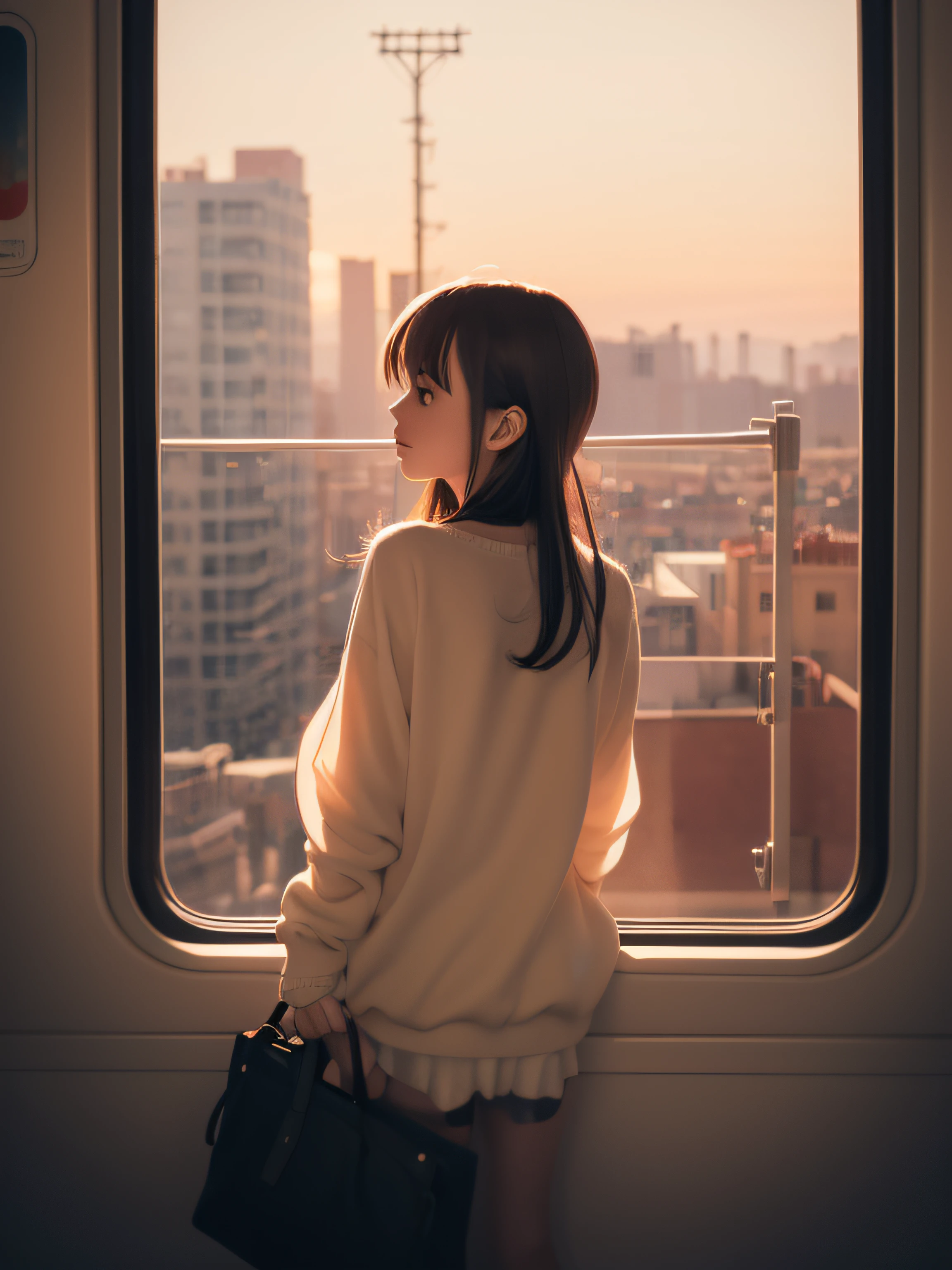 Anime girl sitting on train looking out window, Beautiful Anime Portrait, lofi portrait at a window, Beautiful anime girl, lofi portrait, lofi-girl, Portrait Anime Girl, artwork in the style of guweiz, high quality portrait, with sunset, charming anime girls, Cute anime girl, realistic cute girl painting, Anime style. 8K