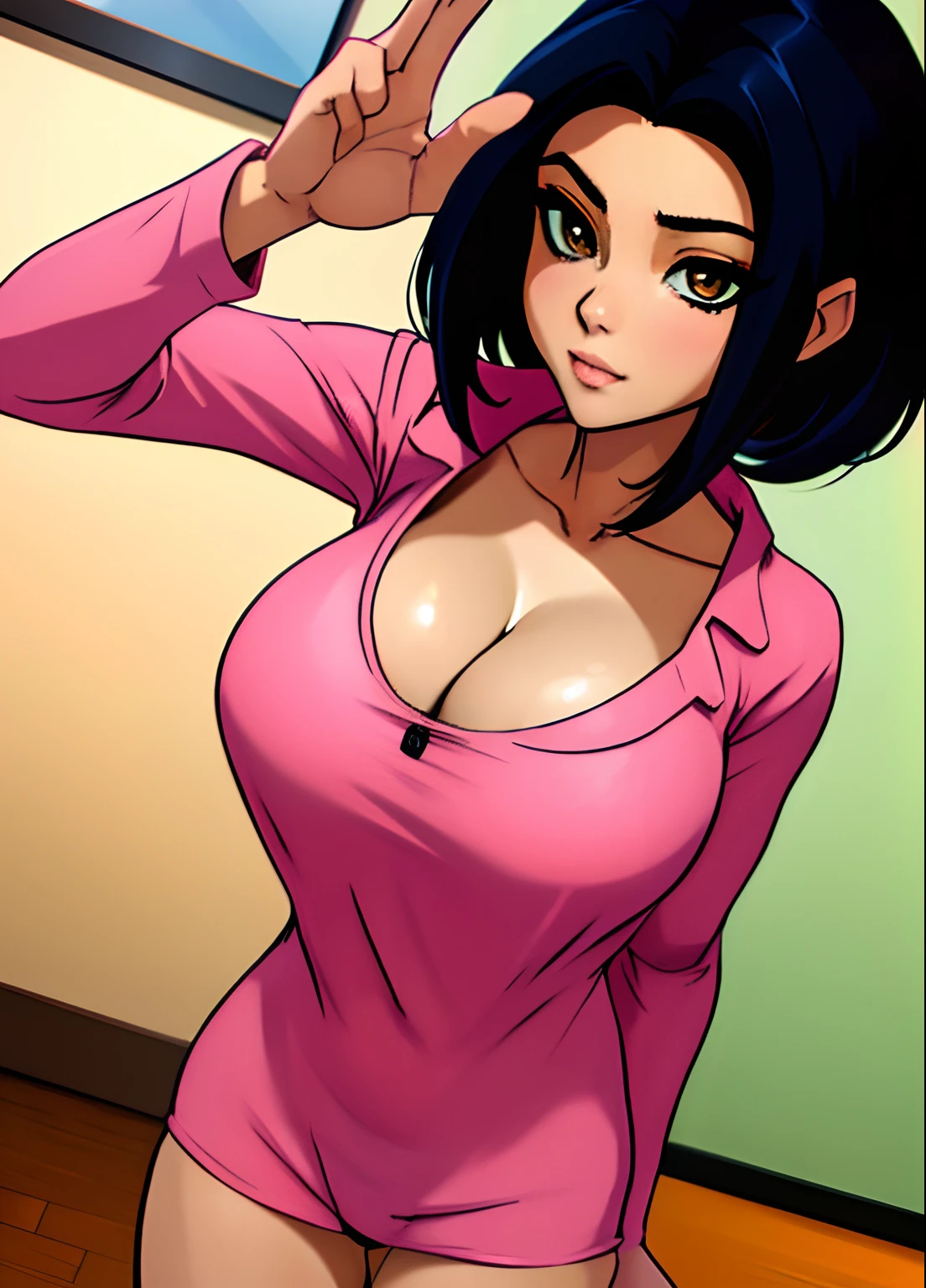 masterpiece, best quality, highest quality, anime, perfect anatomy, perfect face, perfect eyes, 1 busty girl, gigantic breasts, bending towards viewer seductively, solo, short black hair, dress, brown eyes, unbuttoned skintight pink pajamas, seductive cleavage, looking in mirror, selfie, downblouse, in focus, high clarity, high fidelity, hands out-of-view, feminine, similar directional fingers, exact, accuracy, high precision, high definition,