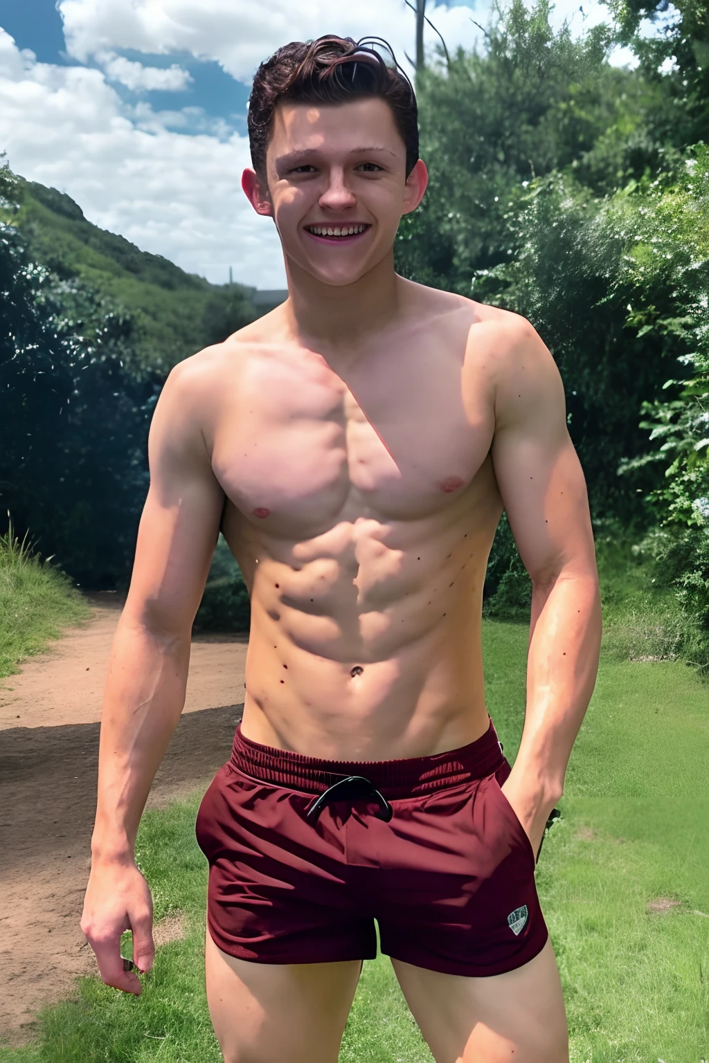 Tom holland deitado, de shorts, bulge, sorrindo, corpo inteiro