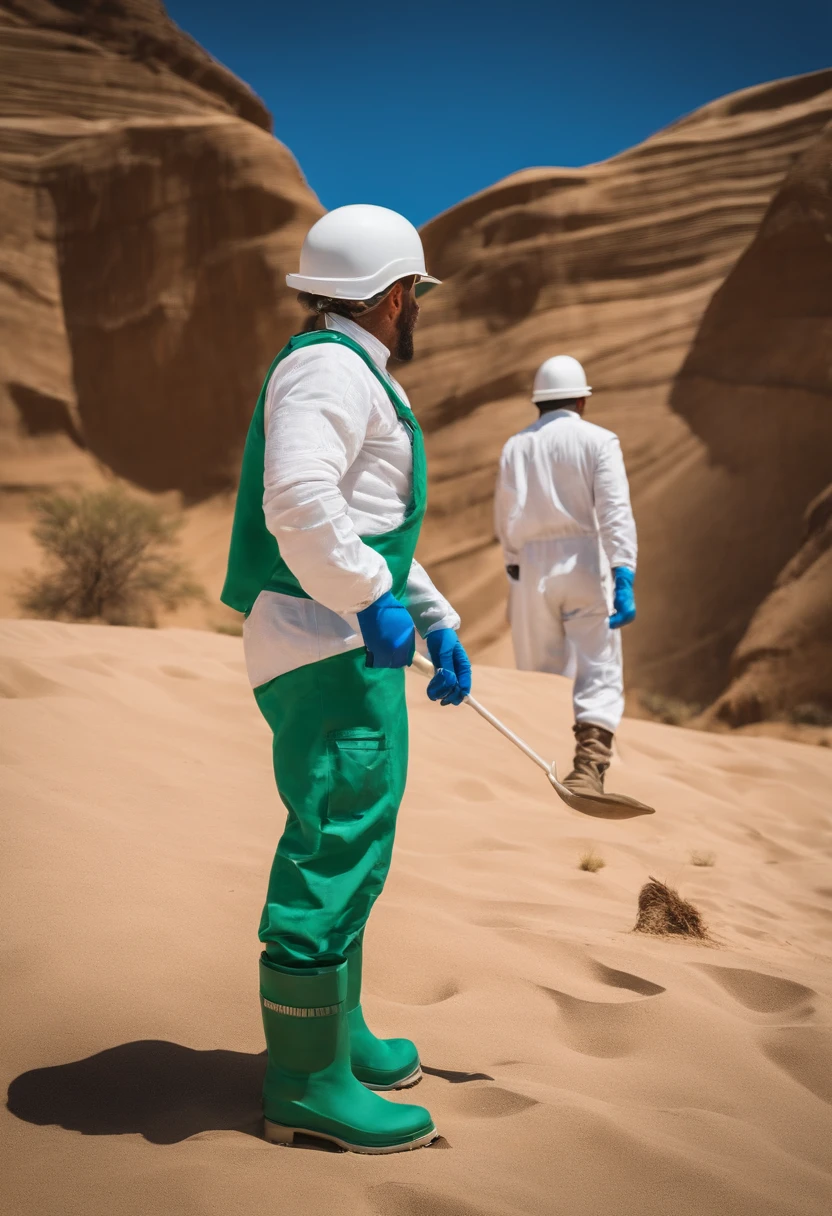 Create a man in the desert with white clothes and blue apron, white boots, green glove and white construction helmet