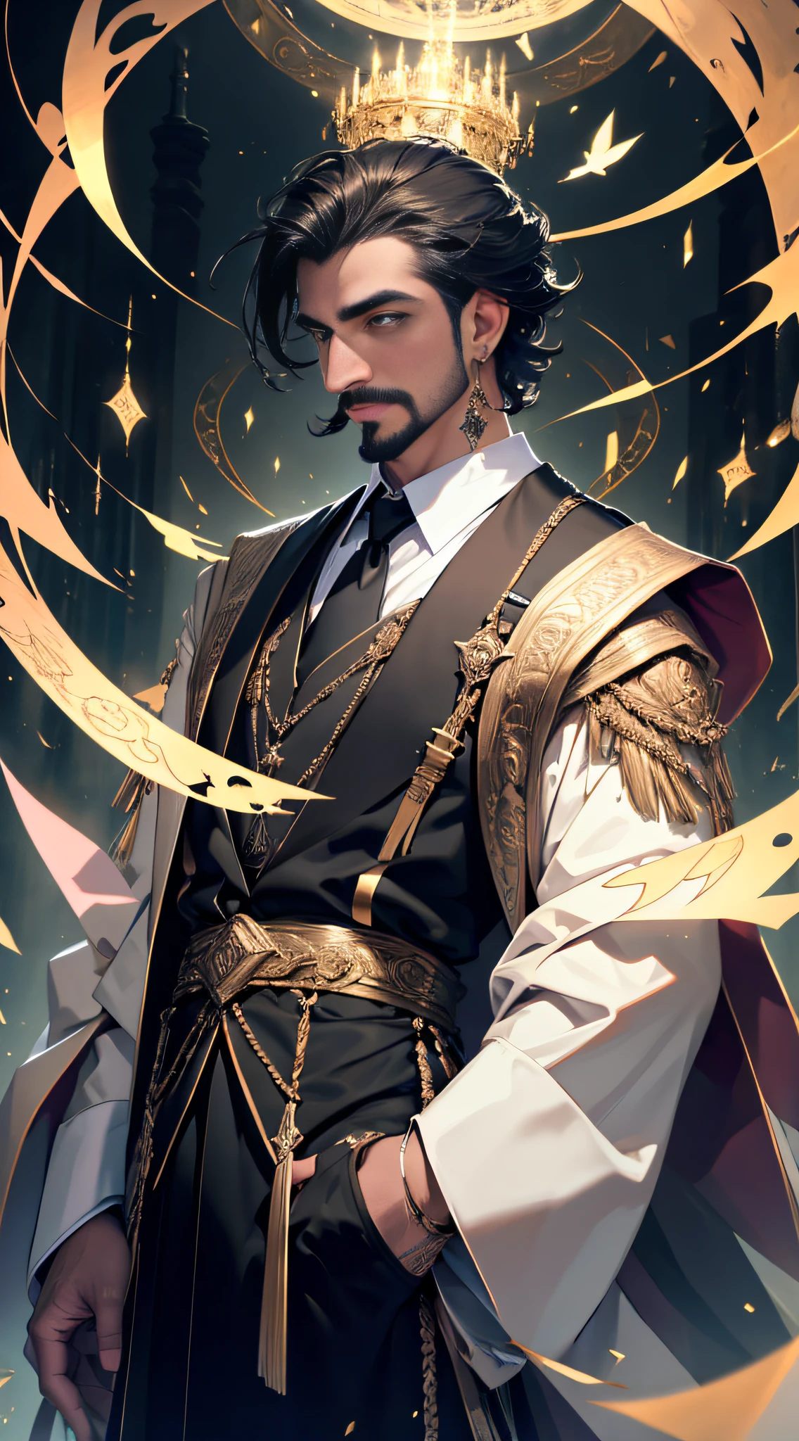 A man wearing black and gold clothes with gold suspenders and white overcoat, fluttering loose fabrics, Colar Metatron, bigode, com um punhal, misterioso, imponente, rosto detalhado, Ambiente paranormal, fotografia de corpo inteiro, ((looking-into-camera)), UHD, 16k, imagem ultra detalhada e perfeita