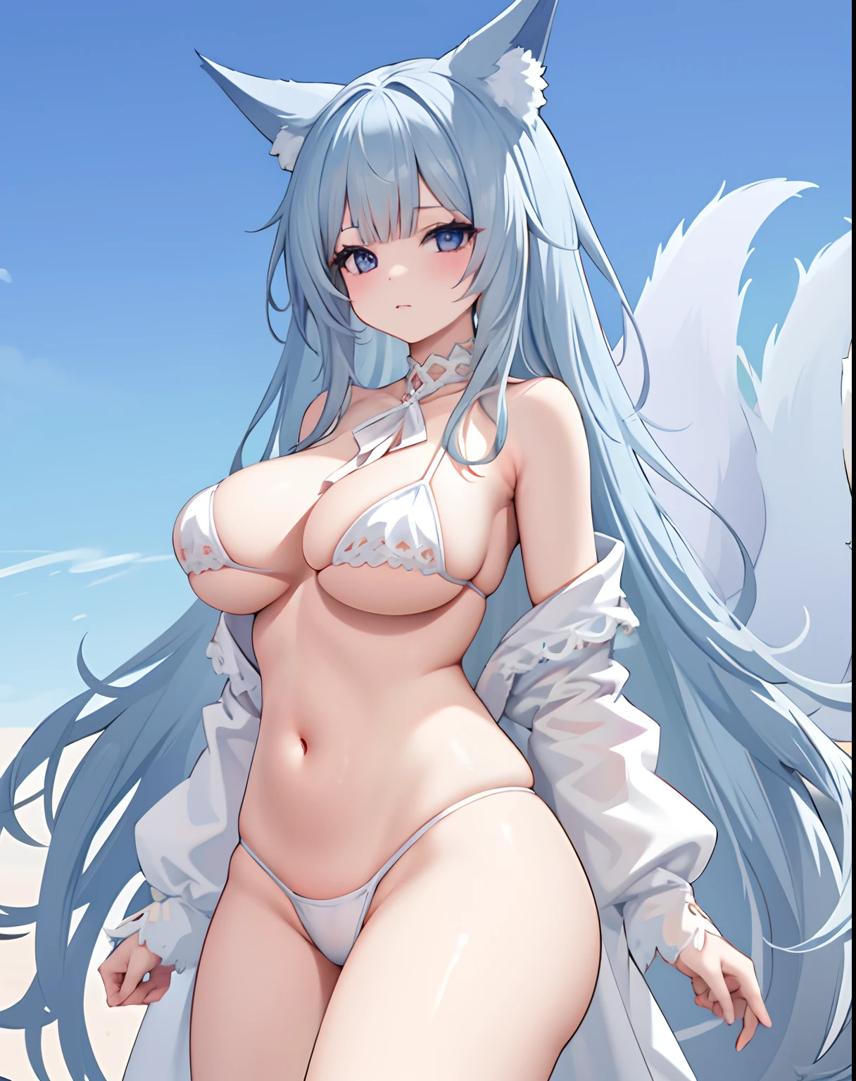 1girl,solamente,En pie,Disparo de vaquero
Brazos a los lados, pechos enormes,
Alshin,Bikini blanco,Halterneck, Fox girl, multiple tails,