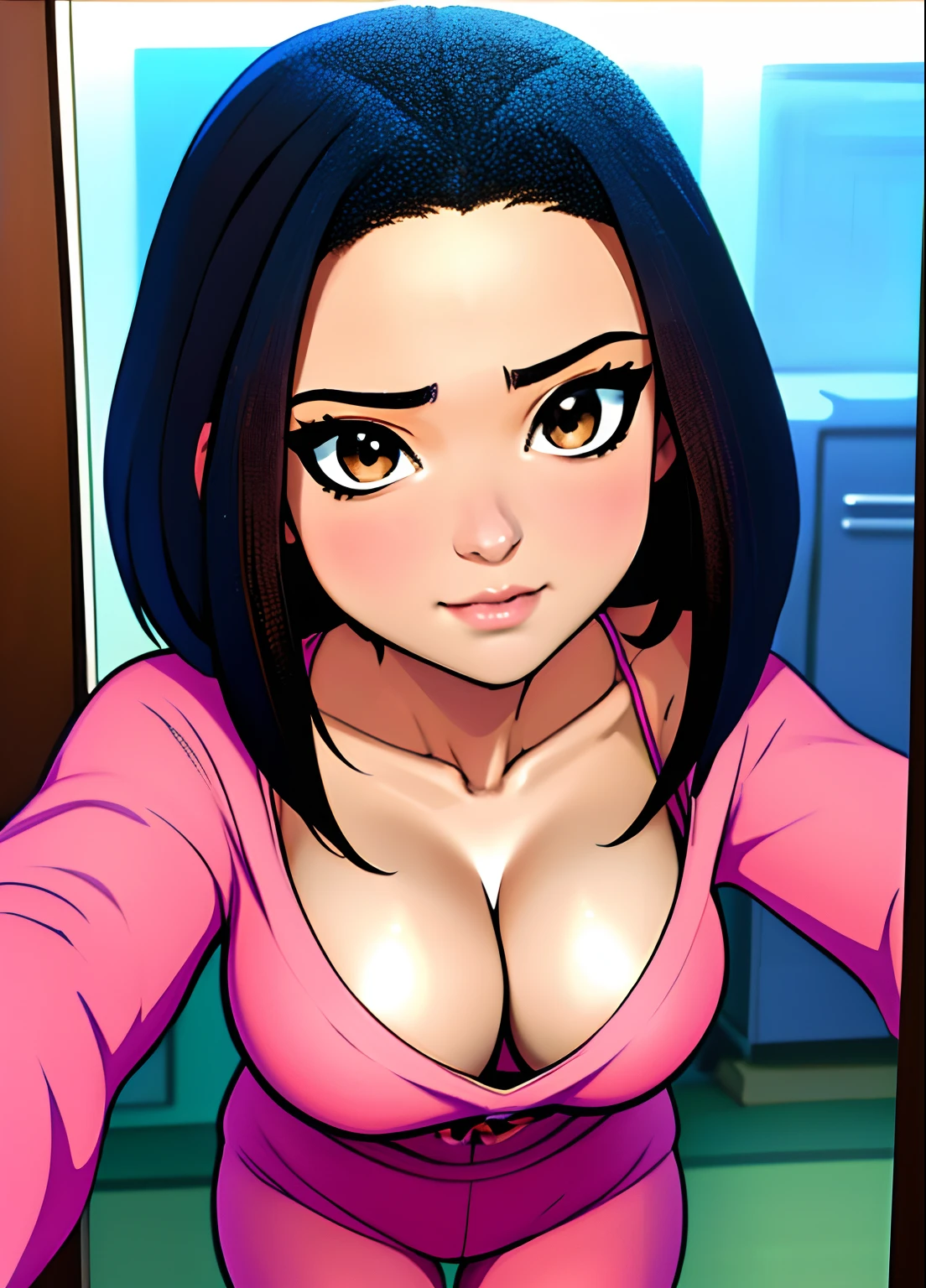 masterpiece, best quality, highest quality, anime, perfect anatomy, perfect face, perfect eyes, 1 busty girl, gigantic breasts, bending towards viewer seductively, solo, short black hair, dress, brown eyes, unbuttoned skintight pink pajamas, seductive cleavage, looking in mirror, selfie, downblouse, in focus, high clarity, high fidelity, hands out-of-view, feminine, similar directional fingers,