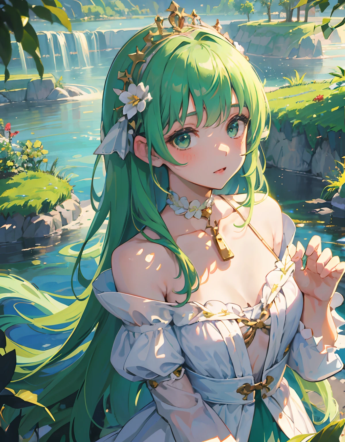((masterpiece, best quality)), (1girl, anime girl in the river, medieval style, hand behind back, portraits, close up, upper body),(li, liirl, shy, blush), (solo), (female focus), (green hair, straight hair, long hair, flower tiara),green eyes, ((exposed shoulder)) , shy, vibrant colors, soft lighting, looking straight forward