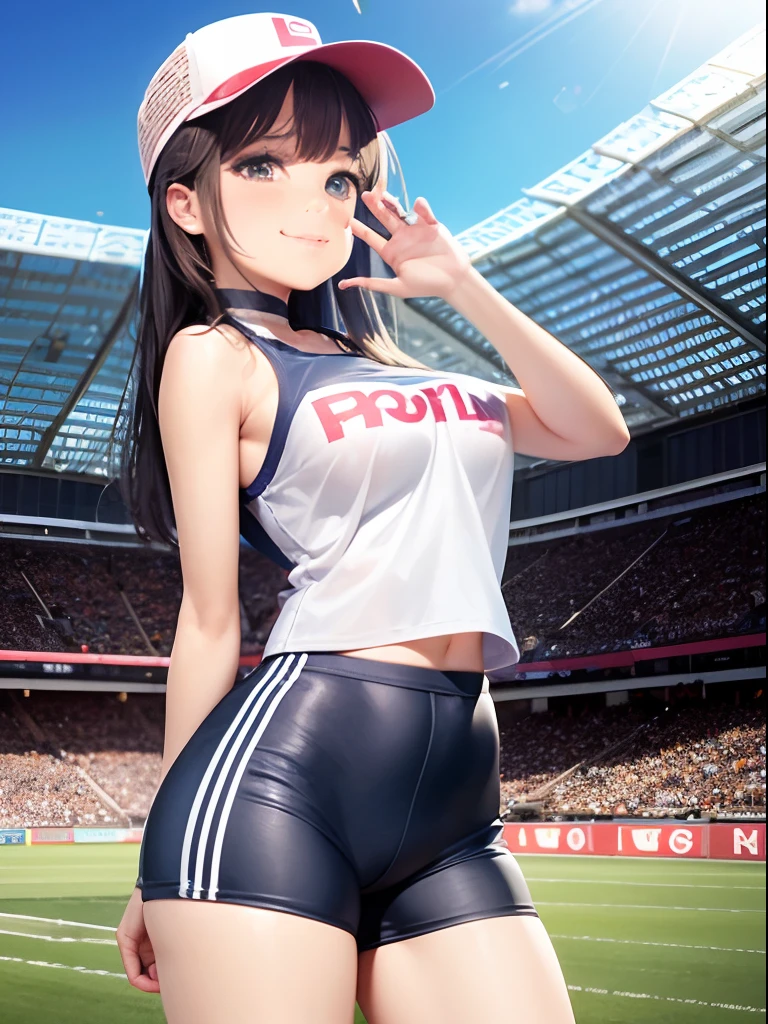 A topless girl wearing racing pants