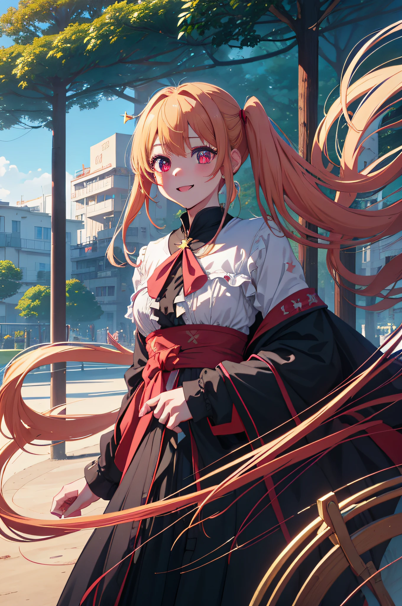 1girl in、独奏、Hoshino Ruby、symbol-shaped pupils、(Left star-shaped pupil:1.2)、sparkly eyes、(Left star:1.4)、Eye of the symbol、red eyes、length hair、blonde hair、bangss、red blush、(side poneyTail:1.1)、(doress:1.2)、Life activities, ((1Male and female in pairs)),((a park:1.5)),(masutepiece:1.2),,Outdoors,Best Quality,((Best Beautiful Girl)), High resolution, Unity 8k壁纸, (eradication))0.8), Perfect Lighting, extremely details CG, ( Perfectly structured wrist Perfect Anatomy),Eyes open,(masutepiece:1.2), Best Quality,A big smile,Dyna Dynamic Pose,