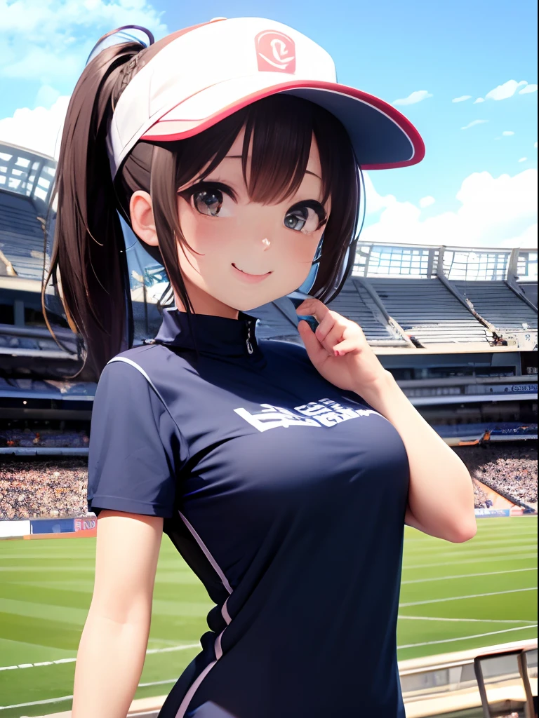 (masterpice、Top image quality,4K,8K),There is a girl selling merchandise in the stadium spectator seats、cute face、kindly smile、Breast size:1.2,Wearing a sun visor、The background is the stadium spectator seats