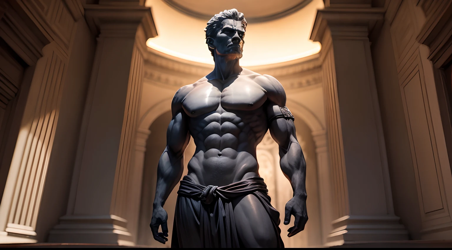 Stoic statue, with an expression of anger, usando manto e tunica longo sobre todo o corpo, Noite escura, ao ceu aberto, 35 mm, lateralmente, Filmado em Sony A7S III com Sony FE 35mm f/1.8, 12.1 MP, --AR 3:2 --estilo cru