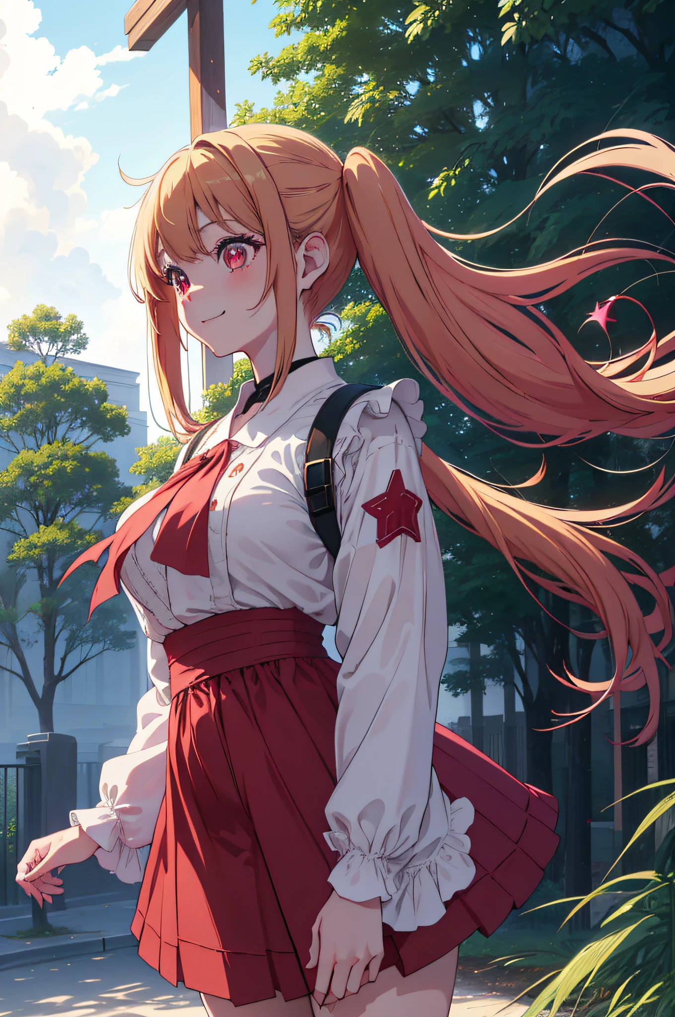 1girl in、独奏、Hoshino Ruby、symbol-shaped pupils、(Left star-shaped pupil:1.2)、sparkly eyes、(Left star:1.4)、Eye of the symbol、red eyes、length hair、blonde hair、bangss、red blush、(side poneyTail:1.1)、(doress:1.2)、Life activities, ((1Male and female in pairs)),((a park:1.5)),(masutepiece:1.2),,Outdoors,Best Quality,((Best Beautiful Girl)), High resolution, Unity 8k壁纸, (eradication))0.8), Perfect Lighting, extremely details CG, ( Perfectly structured wrist Perfect Anatomy),Eyes open,(masutepiece:1.2), Best Quality,A big smile,Dyna Dynamic Pose,