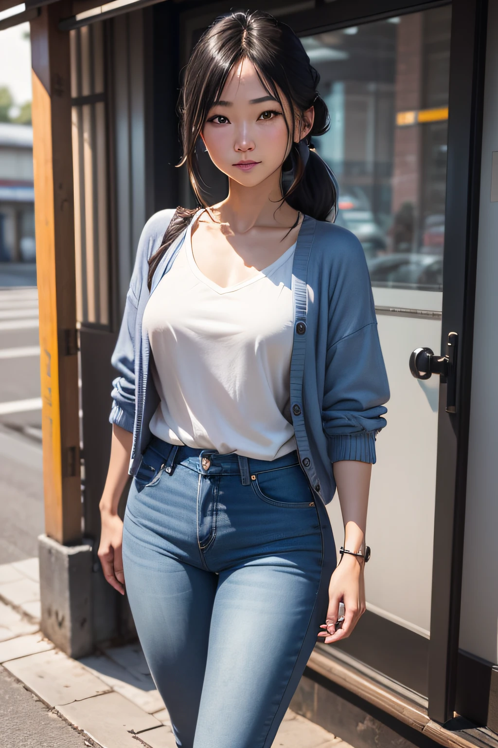 femele、35 year old、full body Esbian、Dark hair、　length hair、　smil、Y shirt、Blue jeans、Narrow-eyed、asian human、poneyTail、outside of house、Cardigan、Old station platform、realisitic、realistic