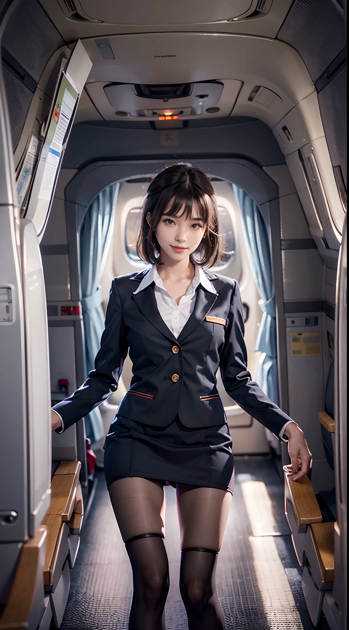 (NSFW), 1womanl, Solo, 24 year old, 7headed body, (cute face), (Ideal ratio body proportions), ((Composition from head to thigh)), Inside a passenger aircraft, Stewardess uniform, a miniskirt, (((Squatting))), ((Spread legs)), Show your panties to the camera, Smiling smile, erectile nipple, Sexy body, Wet, short-hair, Dark hair, small tits, A slender, Small buttocks, beauty legs, Skinny Legs, surrealism, Cinematic lighting, depth of fields, One-person viewpoint, F/1.8, 135 mm, nffsw, masutepiece, ccurate, ((Anatomically correct)), Textured skin, Super Detail, high details, High quality, awardwinning, Best Quality, hight resolution, 8K