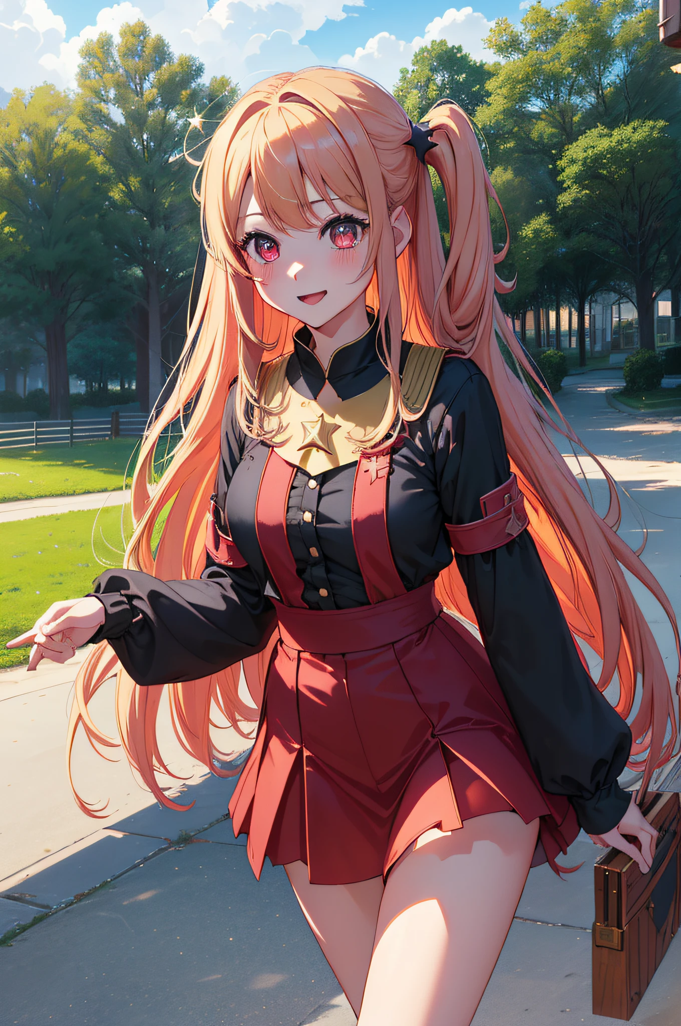 1girl in、独奏、Hoshino Ruby、symbol-shaped pupils、(Left star-shaped pupil:1.2)、sparkly eyes、(Left star:1.4)、Eye of the symbol、red eyes、length hair、blonde hair、bangss、red blush、(side poneyTail:1.1)、(doress:1.2)、Life activities, ((1Male and female in pairs)),((a park:1.5)),(masutepiece:1.2),,Outdoors,Best Quality,((Best Beautiful Girl)), High resolution, Unity 8k壁纸, (eradication))0.8), Perfect Lighting, extremely details CG, ( Perfectly structured wrist Perfect Anatomy),Eyes open,(masutepiece:1.2), Best Quality,A big smile,DAINA Dynamic Poses,