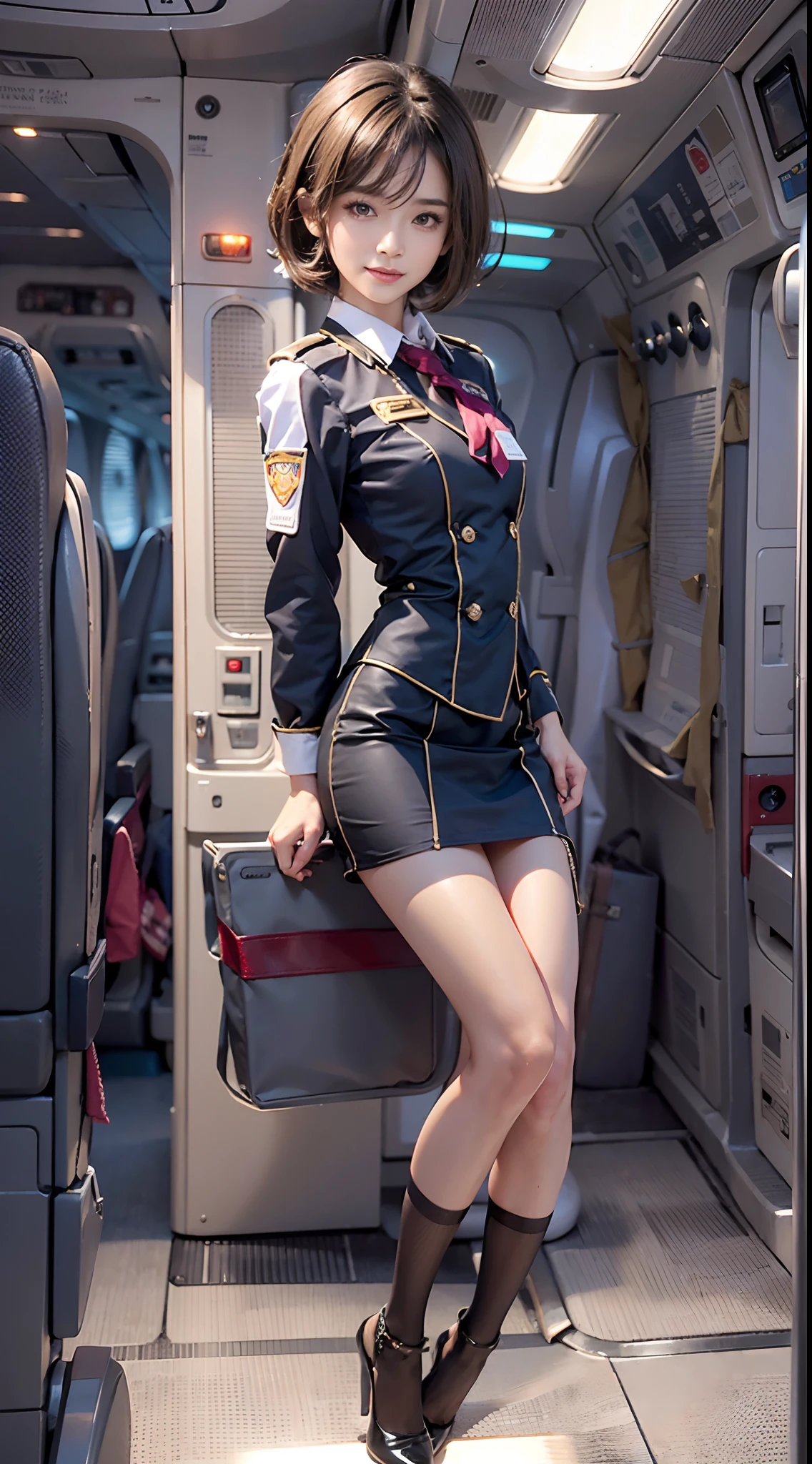 (incredibly_absurdres,huge_filesize:1.37),(masterpiece:1.37),(best quality:1.37),(realistic,photo realistic:1.2),RayTracing,realistic lighting, (illumination, glow),((film grain:1.37)),(Exquisite details and textures:1.2),(8k resolution:1.2),(ultra details:1.2),(sharp focus1.2),(RAW photo:1.0),((airplane:1.2)),((standing in the airplane cockpit, in a stewardess's uniform:1.2)),(ulzzang-6500-v1.1:1.2),(beautiful detailed face, beautiful detailed eyes, glowing eyes, longeyelashes, nose blush:1.2),tiangtongjiang,mix4,jwy1,20d,high heels,((((Perfect anatomy)))),from below, looking at viewer, full body, ceremony,1girl, solo,bishoujo, (random hair style),luxury,(slender:1.37), (detailed knee sock:1.2),(beauty slim legs:1.15),(cute face), (natural glossy skin:1), (small breasts, thin waist, small thighs, tight ass, perfect figure:1.1),(detailed natural beautiful skin,detailed skin-texture,detailed black hair,random hair style),light on the face, (cinematic light), lens flare, shade, backlighting, depth of field, backlighting