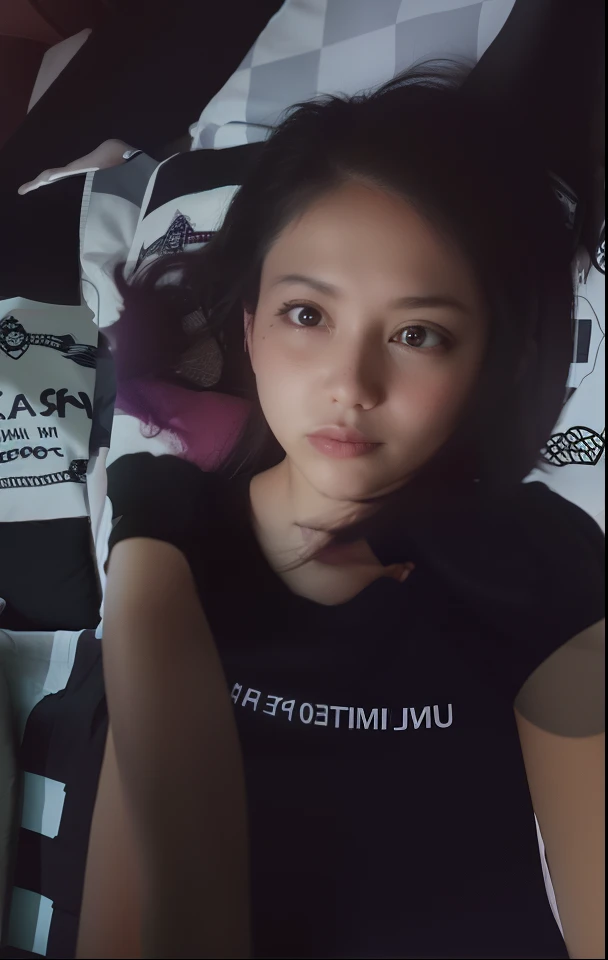 there is a woman laying on a bed with a black and white checkered blanket, real ungine, on my bed, inspired by Mym Tuma, desaturated!!, (((low light))), unreal ungine 5, in tshirt, with long hair, with short hair, on the bed, leaked photo, old picture, candid photo, bored