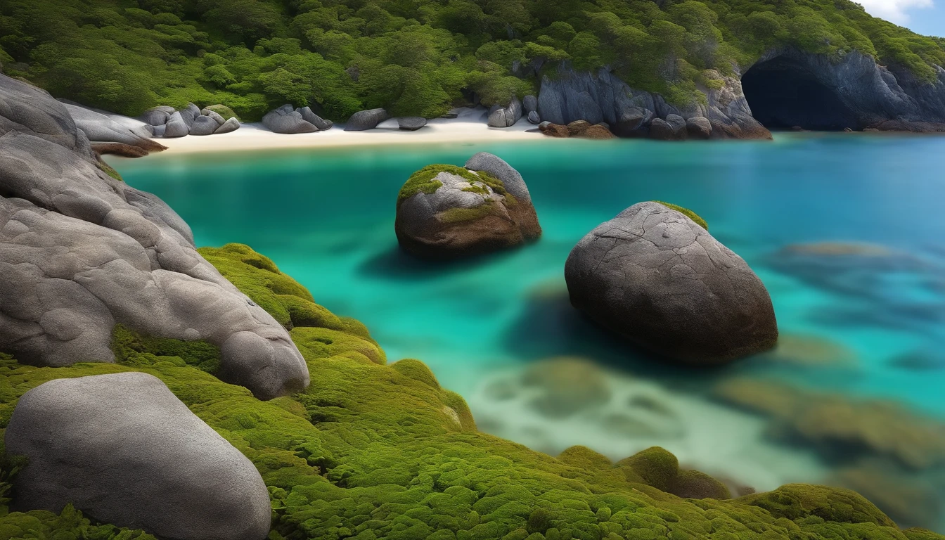 Rocks on the beach, blue sea, blue sky, greenery and moss by the beach, relaxation and luxury, detailed and realistic sea and rocks.