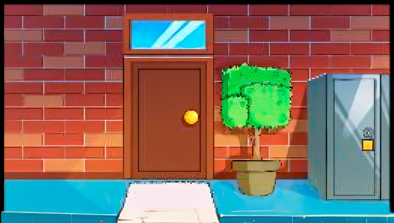 Cartoon image of a door and a tree in front of a brick wall, door, porta, entrada secreta, porta alta, random background scene, Um quarto, Passo a passo, tijolo, entrada, fundo da casa, prestes a entrar na moldura da porta, do lado de fora de uma casa, abertura por, aberto por, Portas, cut-cena, Feito em fabricante de RPG, Arte de fundo
