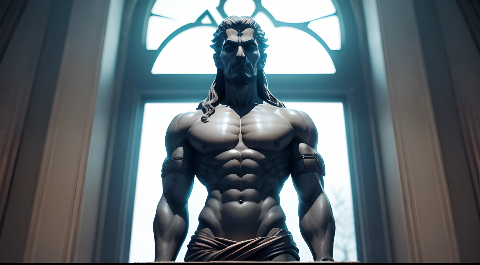 Stoic statue, with an expression of anger, usando manto e tunica longo sobre todo o corpo, Noite escura, ao ceu aberto, 35 mm, lateralmente, Filmado em Sony A7S III com Sony FE 35mm f/1.8, 12.1 MP, --AR 3:2 --estilo cru