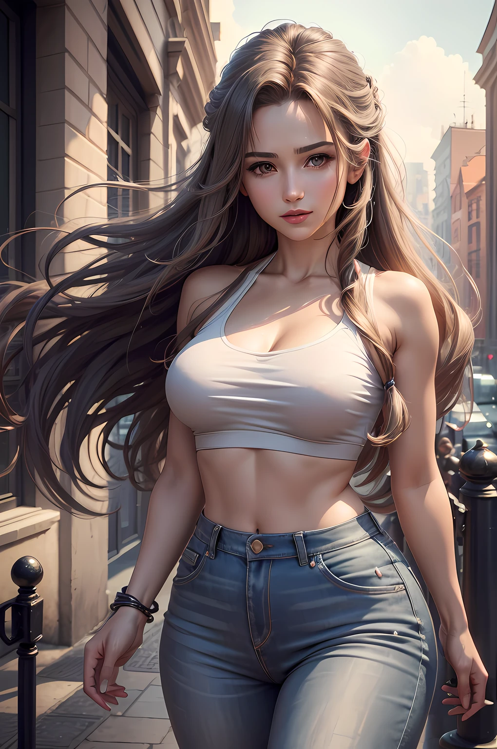 (highres, ultra-detailed, realistic:1.37), aerith, final fantasy, beautiful body, beautiful detailed eyes, detail-oriented nose, luscious red lips, long flowing grey hair, radiant smile, graceful pose, enchanting expression, modern city in the background, vibrant colors, soft lighting, regal atmosphere, atmospheric perspective, stunning landscape, floating clouds, timeless beauty, intricate patterns, striking contrast, dreamlike quality, cinematic composition, wearing t-shirt and jeans