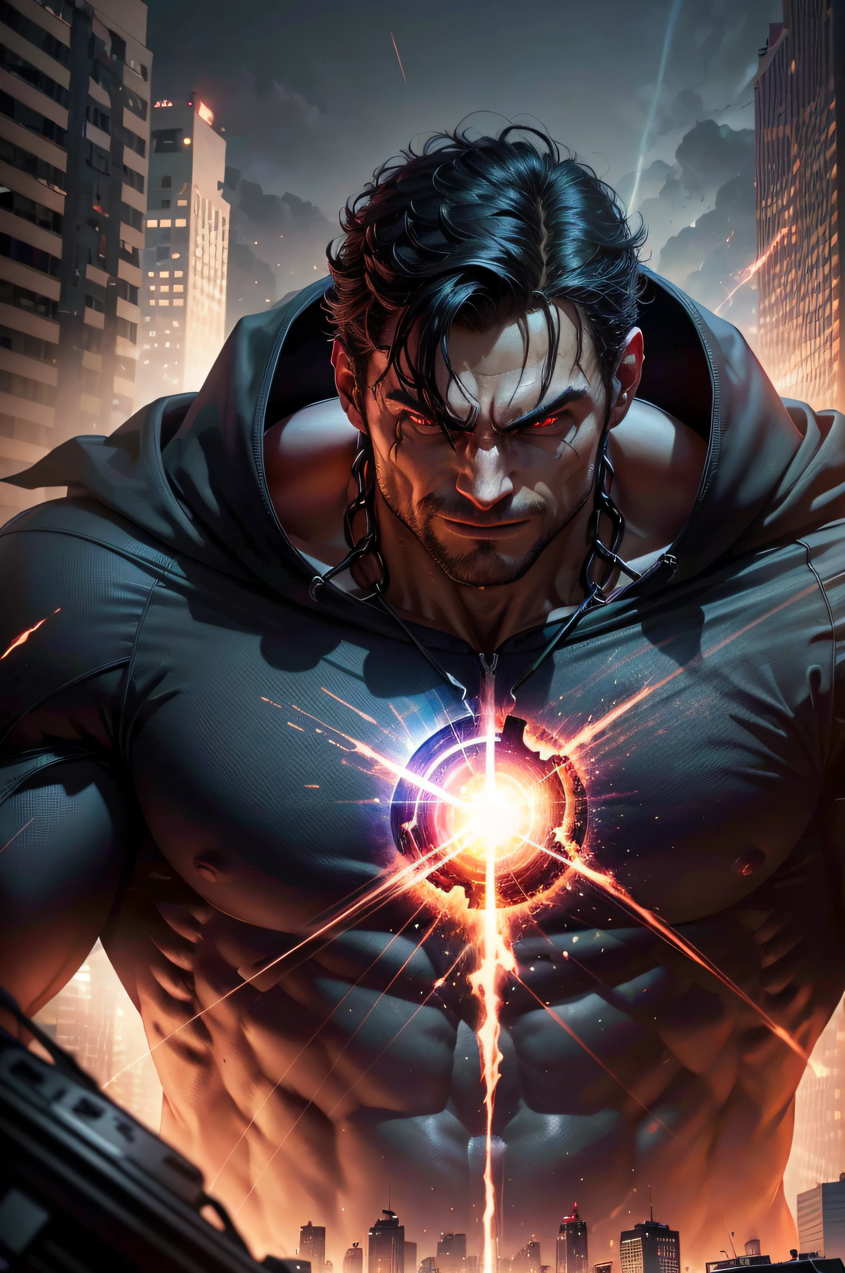 (best quality,4k,8k,highres,masterpiece:1.2),ultra-detailed,(realistic,photorealistic,photo-realistic:1.37),male,superman,evil,black outfit,flying,dark background,intense lighting,vivid colors,sinister,menacing,heroic stance,ripped muscles,cape billowing,determined expression,evil smirk,glowing red eyes,powerful aura,dynamic pose,crackling energy,chaotic atmosphere,speed lines,forcefield protection,shattered chains,dominating presence,apocalyptic setting,comic book style, wearing hoodie, evil smile, in space
