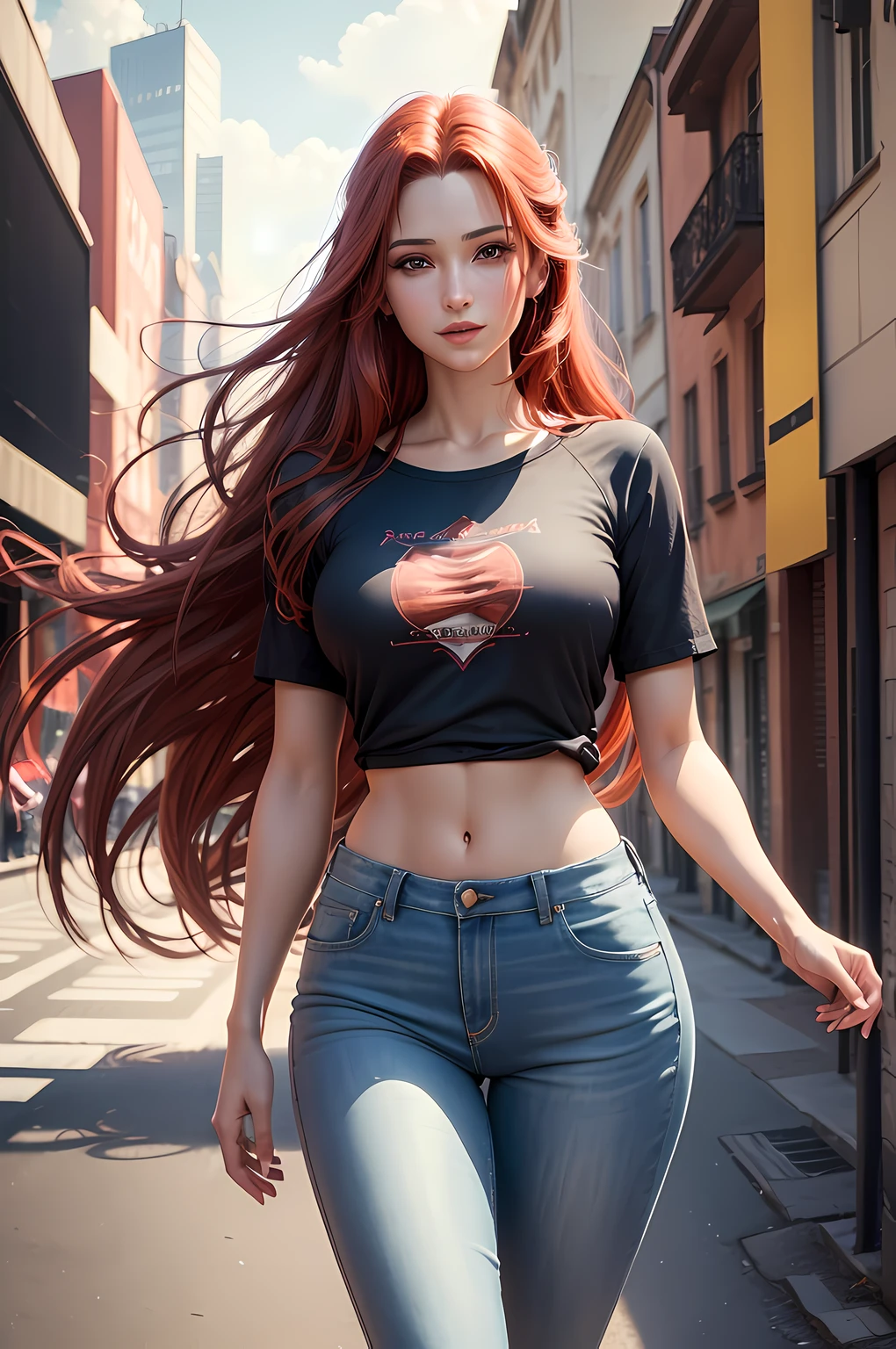 (highres, ultra-detailed, realistic:1.37), aerith, final fantasy, beautiful slender body, beautiful detailed eyes, detail-oriented nose, luscious red lips, long flowing red hair, radiant smile, graceful pose, enchanting expression, modern city in the background, vibrant colors, soft lighting, regal atmosphere, atmospheric perspective, stunning landscape, floating clouds, timeless beauty, intricate patterns, striking contrast, dreamlike quality, cinematic composition, wearing t-shirt and jeans