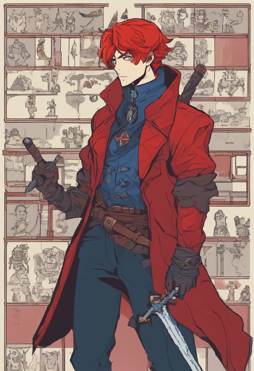 red-short-haired man, with one blue eye and the other eye closed with a scar, he has faded beard, he wears a long red jacket, like a Bloodborne hunter, on his back he carries a greatsword, he has a prosthetic left arm like Guts, He is facing creatures of the night like a vampire hunter, 80s anime still, retro fashion, dungeon and dragons character dark fantasy digital art muted pastel colors, muted retro colors, CRT tv display by Tsukasa Hojo and Toshihiro Kawamoto -