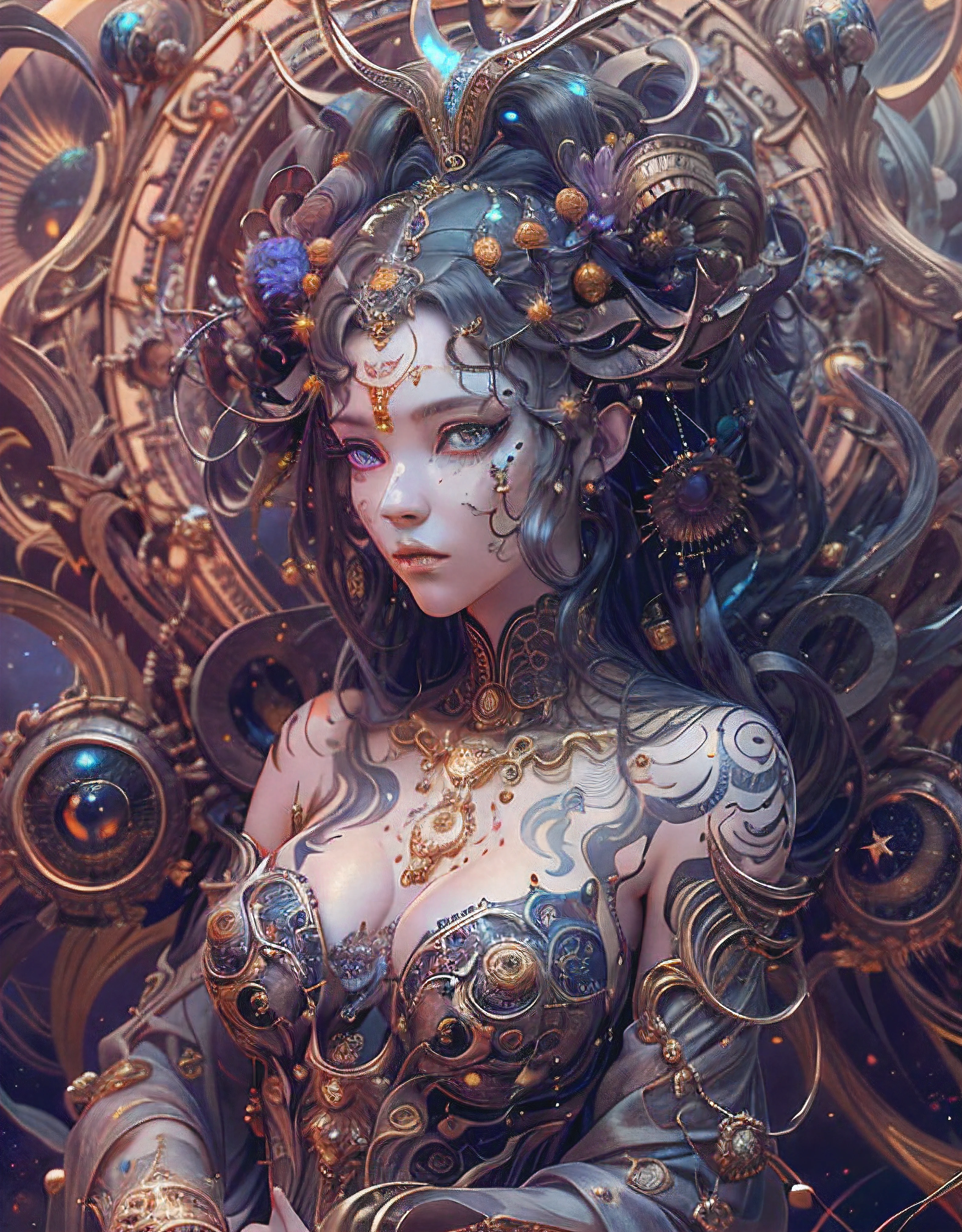 (melhor qualidade,Ultra - Detalhado,best illustration,Melhor sombra,tmasterpiece,A high resolution,ProfissionalArtwork,obras de arte famosas),Olhos detalhados,Olhos belos,clivagem em close-up,scientific fiction,esclera colorida,robot eyes,marcas faciais,Tatuado com,(fractalizado,olhos fractais),olhos grandes,olhos arregalados,(foco ocular),Foco Sface,Cosmic eyes,Olhos espaciais,Close-up da escultura de metal de uma mulher com uma lua em seu cabelo,deusas。Detalhe extremamente alto,Retrato da deusa 3D,Imagens extremamente detalhadas da deusa,Um retrato impressionante de uma deusa,Retrato lateral da deusa,Retrato de uma bela deusa,Retrato em close-up de corpo inteiro da deusa,hecate goddess,portrait of a norse moon goddess,goddess of space and time
