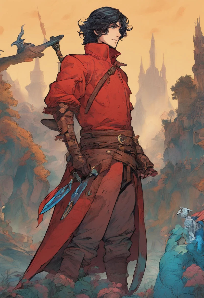 red-short-haired man, with one blue eye and the other eye closed with a scar, he has faded beard, he wears a long red jacket, like a Bloodborne hunter, on his back he carries a greatsword, he has a prosthetic left arm like Guts, He is facing creatures of the night like a vampire hunter, 80s anime still, retro fashion, dungeon and dragons character dark fantasy digital art muted pastel colors, muted retro colors, CRT tv display by Tsukasa Hojo and Toshihiro Kawamoto -