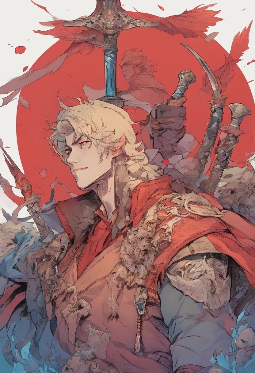 red-short-haired man, with one blue eye and the other eye closed with a scar, he has faded beard, he wears a long red jacket, like a Bloodborne hunter, on his back he carries a greatsword, he has a prosthetic left arm like Guts, He is facing creatures of the night like a vampire hunter, 80s anime still, retro fashion, dungeon and dragons character dark fantasy digital art muted pastel colors, muted retro colors, CRT tv display by Tsukasa Hojo and Toshihiro Kawamoto -