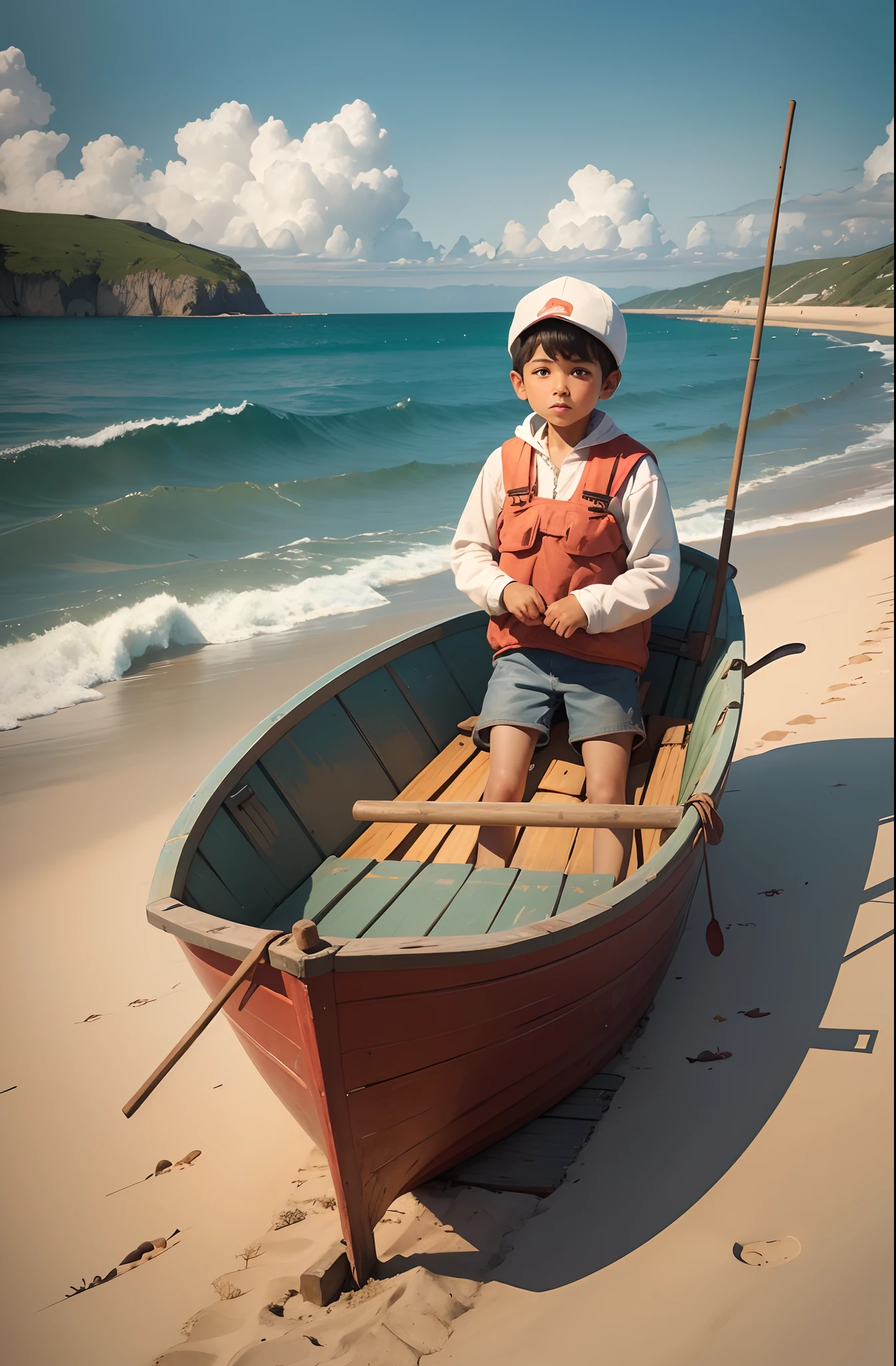make an illustration for a children's book, draw a poor fisherman in his small boat, in a seaside environment,
