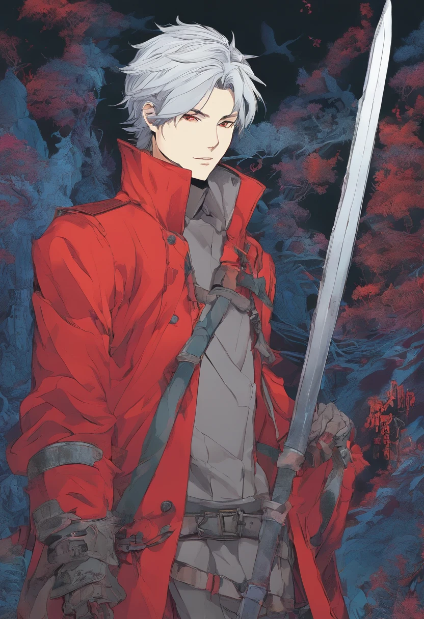 red-short-haired man, with one blue eye and the other eye closed with a scar, he has faded beard, he wears a long red jacket, like a Bloodborne hunter, on his back he carries a greatsword, he has a prosthetic left arm like Guts, He is facing creatures of the night like a vampire hunter, 80s anime still, retro fashion, dungeon and dragons character dark fantasy digital art muted pastel colors, muted retro colors, CRT tv display by Tsukasa Hojo and Toshihiro Kawamoto -