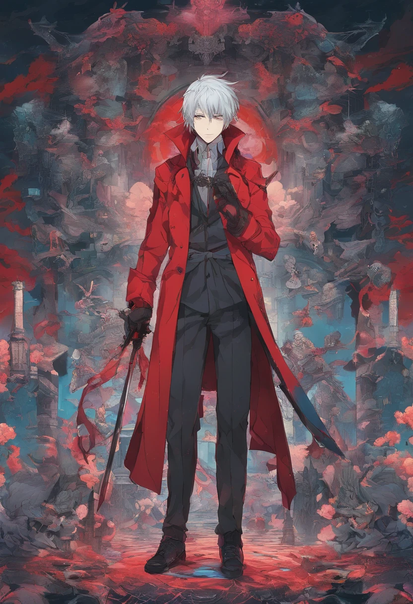 red-short-haired man, with one blue eye and the other eye closed with a scar, he has faded beard, he wears a long red jacket, like a Bloodborne hunter, on his back he carries a greatsword, he has a prosthetic left arm like Guts, He is facing creatures of the night like a vampire hunter, 80s anime still, retro fashion, dungeon and dragons character dark fantasy digital art muted pastel colors, muted retro colors, CRT tv display by Tsukasa Hojo and Toshihiro Kawamoto -