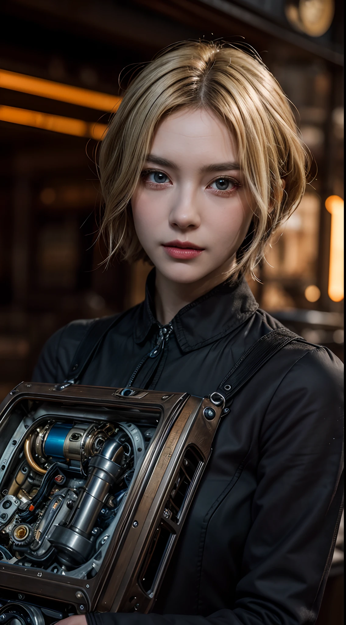 steampunkai, inventor working on a timemachine, a girl, blonde short hair, extremely detailed face, extremely detailed eyes, 8k, starring at camera, zoom out