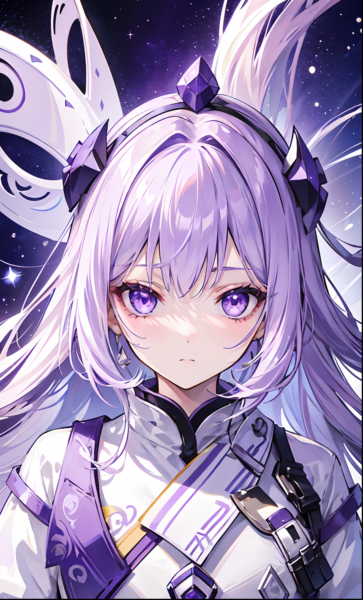 Purple-white hair covered her long face like a helmet,Make his long face look like a small one,Lovely white clothes,Complements a variety of shades of purple,There is a delicate makeup,shining face,Exquisite,Brilliant,dark purple eyes,Feel like a sweet girl