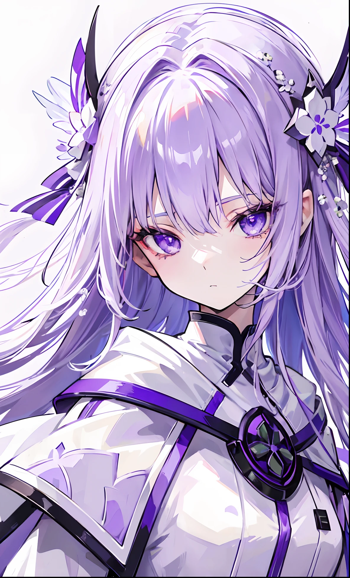 Purple-white hair covered her long face like a helmet，Make his long face look like a small one，Lovely white clothes，Complements a variety of shades of purple，There is a delicate makeup，shining face，Exquisite，Brilliant，dark purple eyes，Feel like a sweet girl